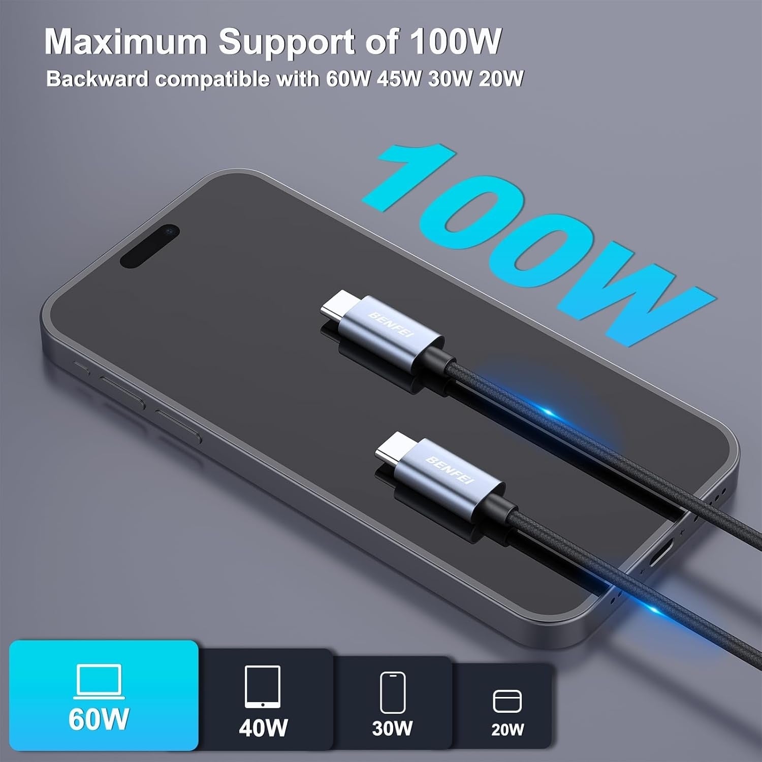 BENFEI 351SL-6F 100W USB-C to USB-C Fast Charging Cable Aluminum Shell Tangle-Free Silicone 3