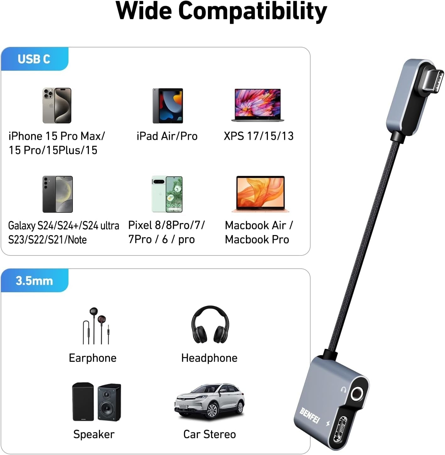 BENFEI USB C to Audio Jack Adapter with 60W Fast Charging 7