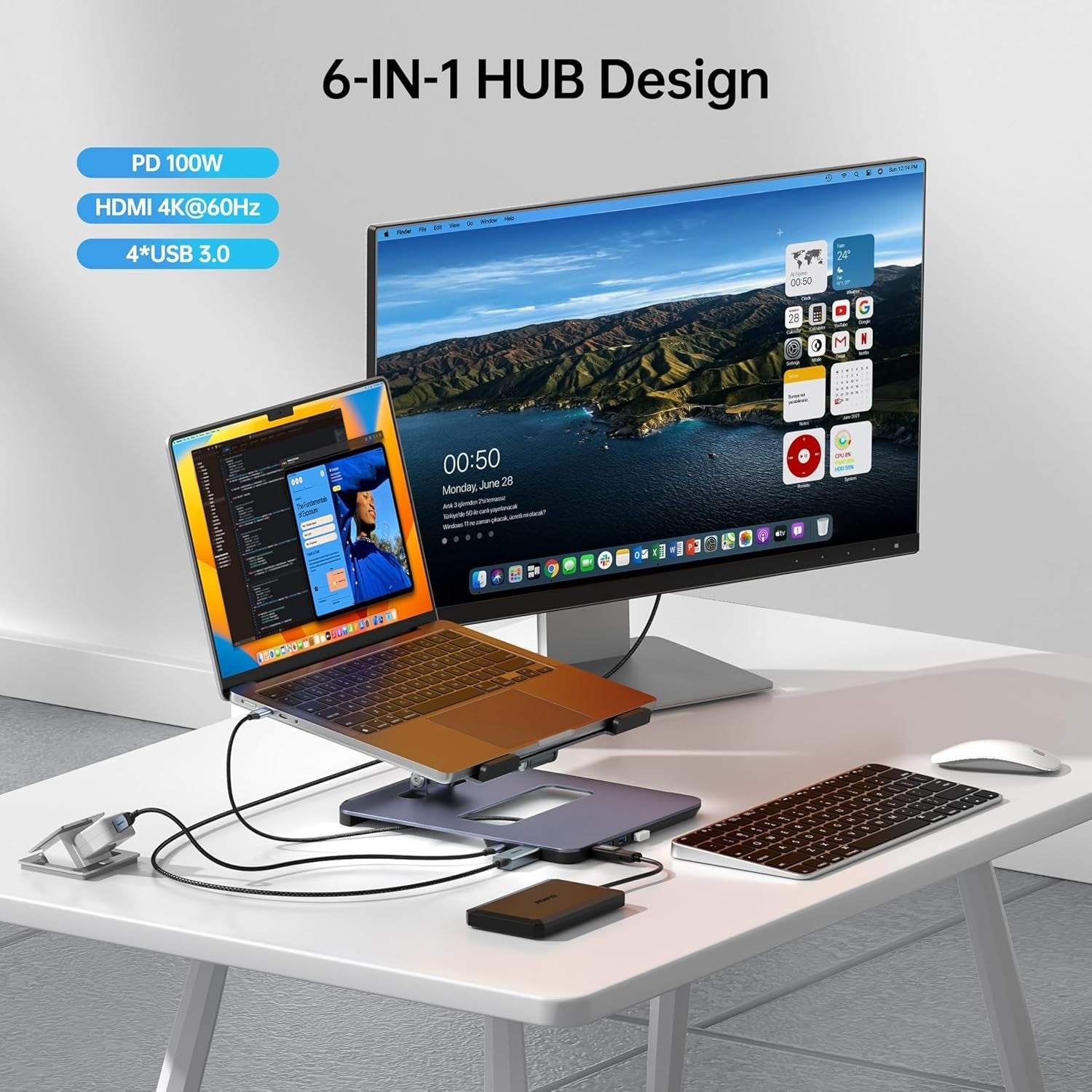 BENFEI 380GY Laptop Stand with USB C 6 in1 4K@60Hz HDMI, 4 x USB3.0, 100W PD Docking Station 5
