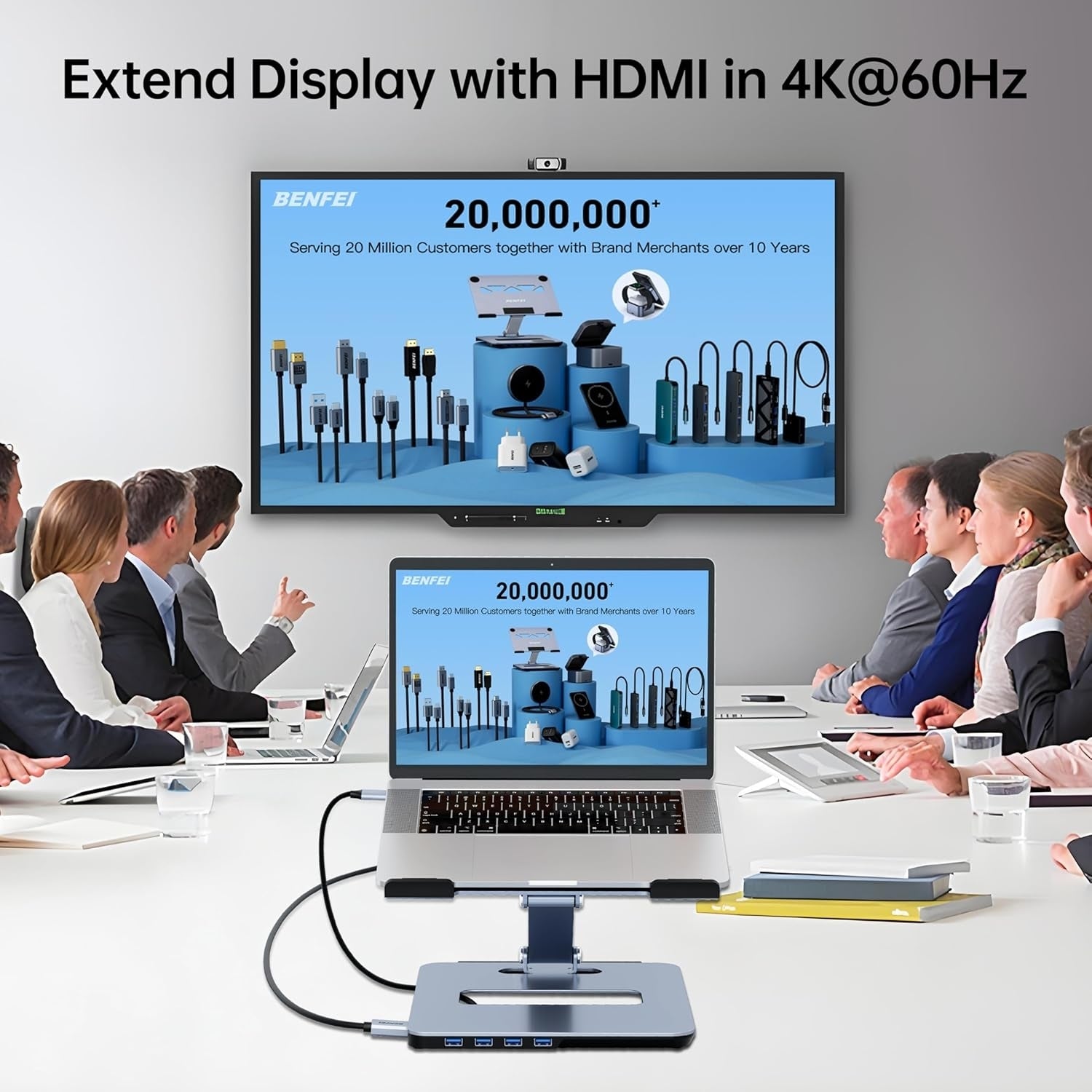 BENFEI 380GY Laptop Stand with USB C 6 in1 4K@60Hz HDMI, 4 x USB3.0, 100W PD Docking Station 6