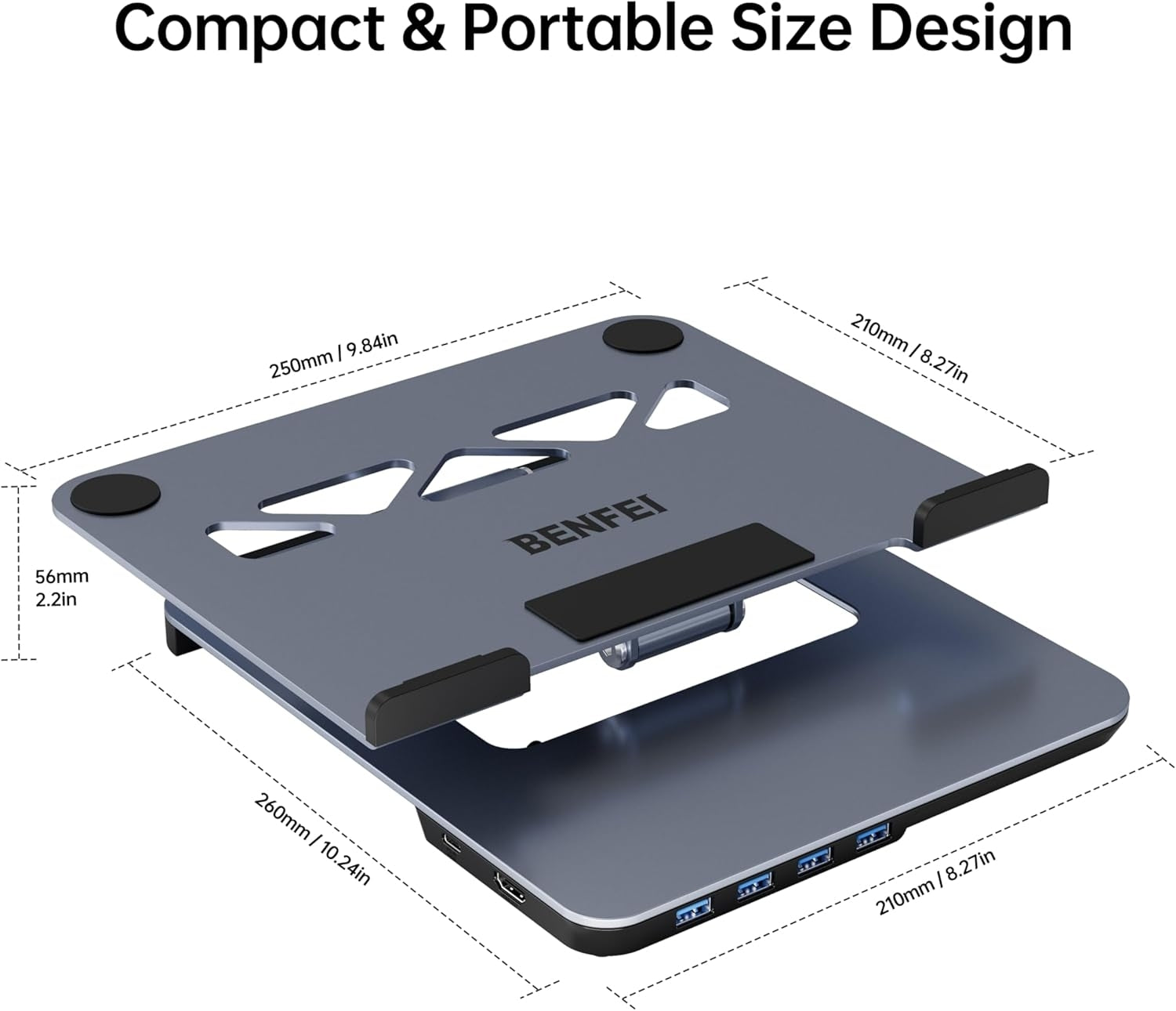 BENFEI 380GY Laptop Stand with USB C 6 in1 4K@60Hz HDMI, 4 x USB3.0, 100W PD Docking Station 7