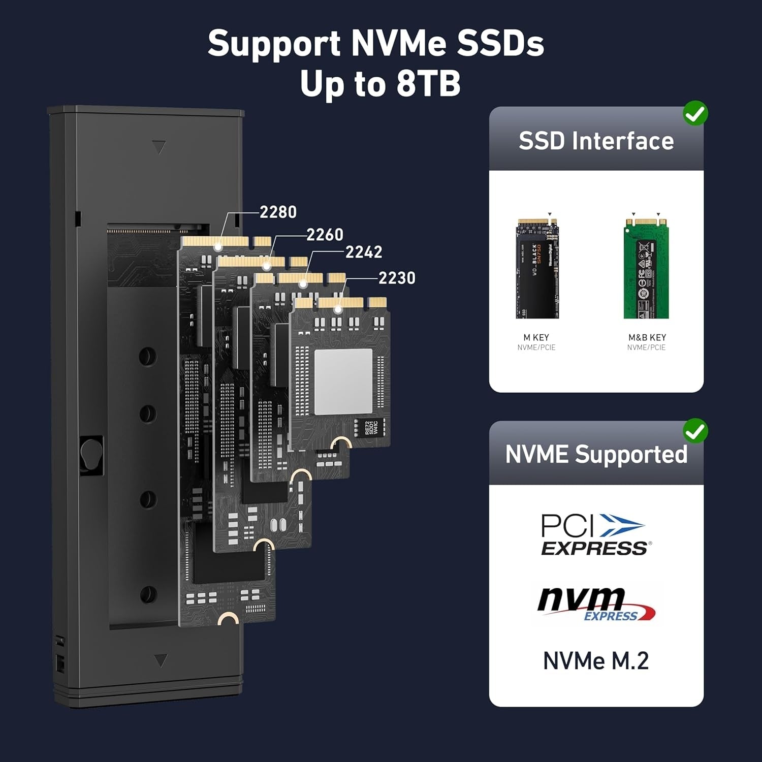BENFEI M.2 SSD Enclosure USB3.2 Gen2 10 Gbps, Tool-Free for NVME B & M Keys with Size 2230/2242/2260/2280 SSDs 3