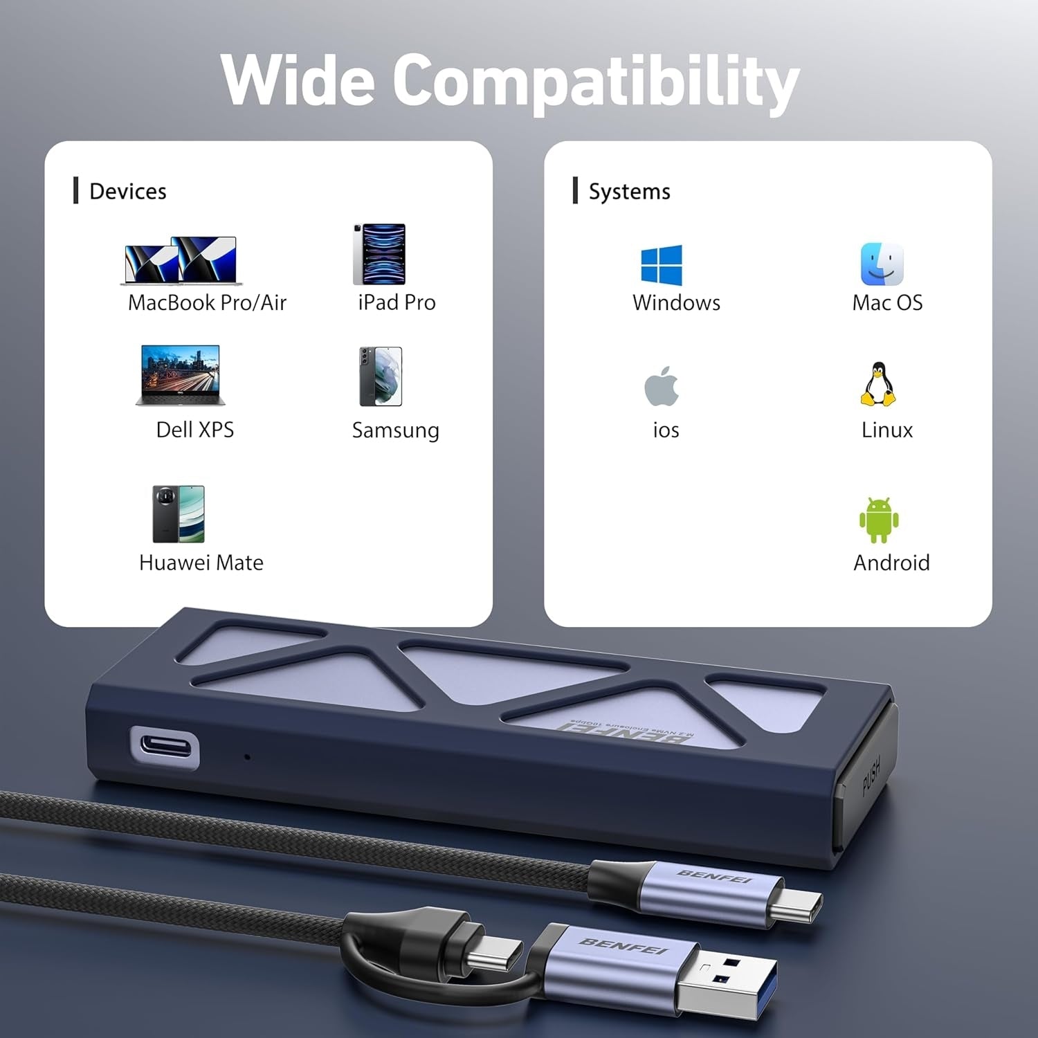 BENFEI M.2 SSD Enclosure USB3.2 Gen2 10 Gbps, Tool-Free for NVME B & M Keys with Size 2230/2242/2260/2280 SSDs 8