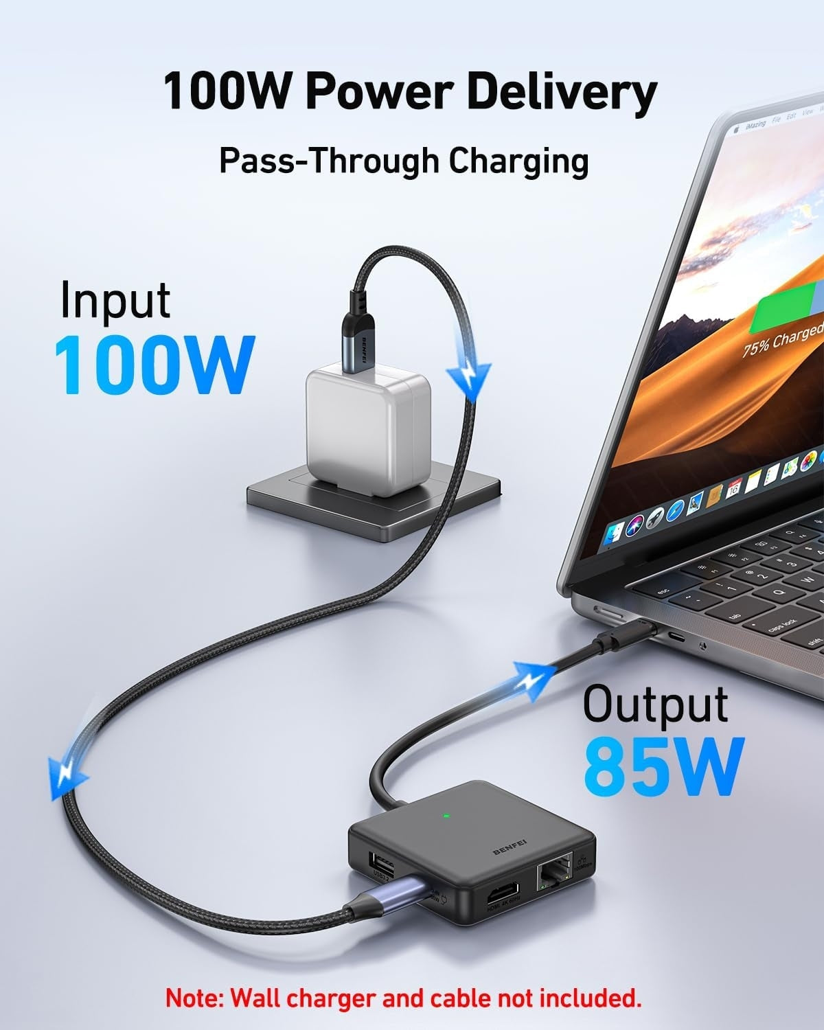 BENFEI 399BK 6-in-1 USB-C HUB to HDMI(8K)+USB3.2(10Gbps)+USB2.0x2+PD100W+RJ45 Black 6