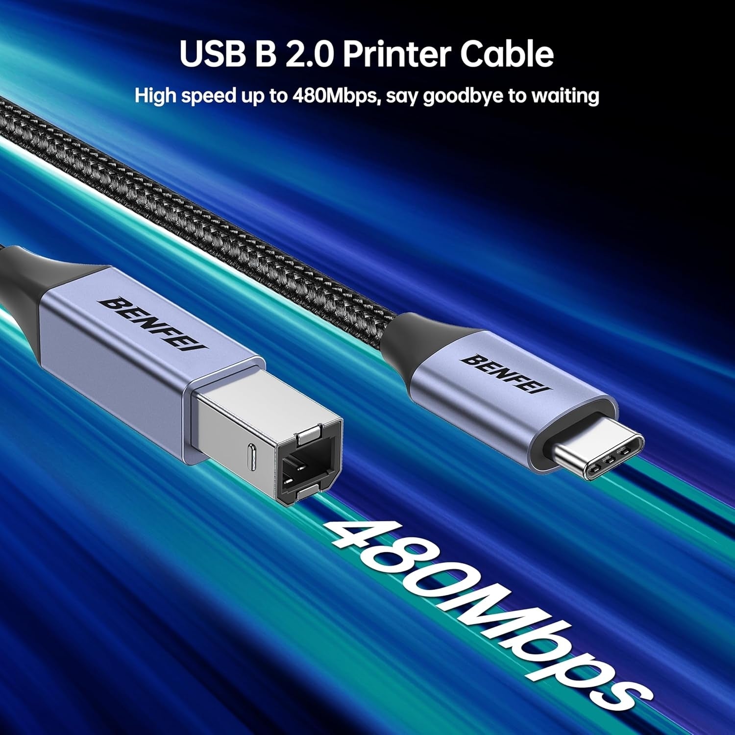 BENFEI 405GY-1.5M USB B to USB C Printer Cable, Nylon Braided, Premium Aluminium Alloy Case 1.5M 3