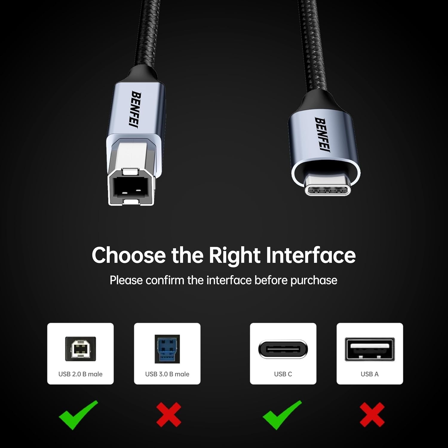 BENFEI 405GY-1M USB B to USB C Printer Cable, Nylon Braided, Premium Aluminium Alloy Case 1M 5