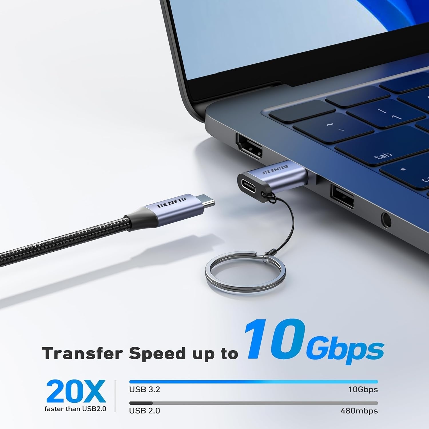 BENFEI 407GY USB Type-A to USB-C Adapter Male to Female Supporting 5V 3A Charging and 10Gbps Data Transmit 6
