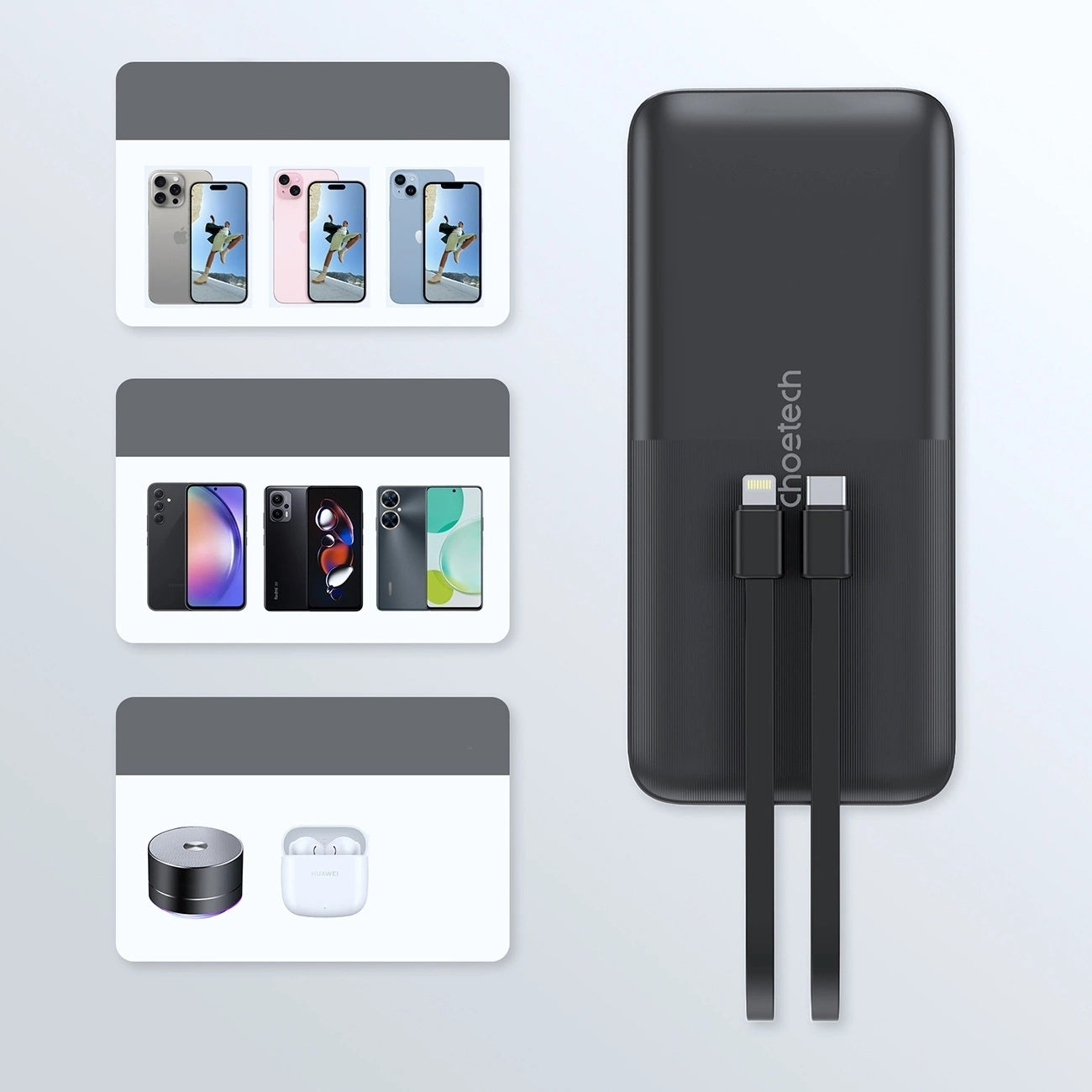 CHOETECH B654 10000mAh Pwer Bank 22.5W USB-A / USB-C / micro USB with built-in USB-C / Lightning cable - black 4
