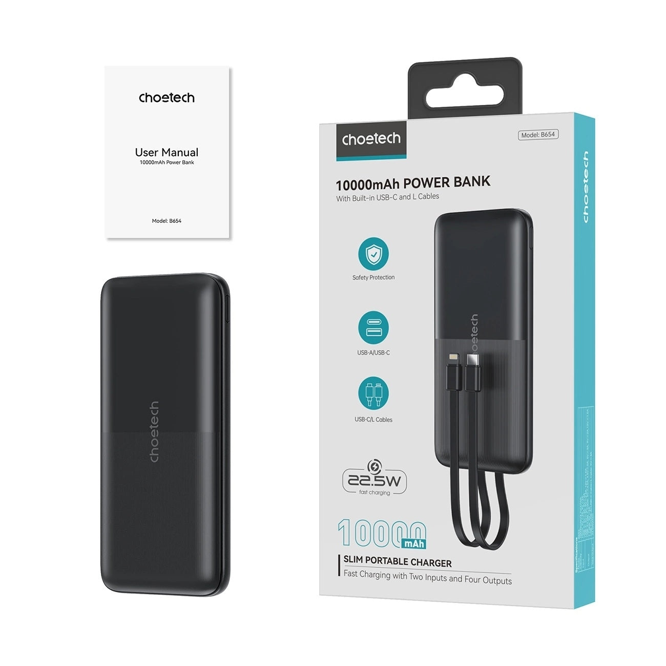 CHOETECH B654 10000mAh Pwer Bank 22.5W USB-A / USB-C / micro USB with built-in USB-C / Lightning cable - black 7