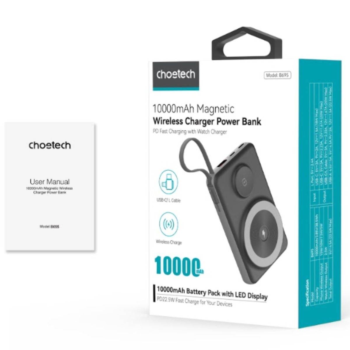 CHOETECH B695-BK 10000mAh 22.5W USB-A + USB-C x 2 + MagLeap Wireless Charge Power Bank Black 7