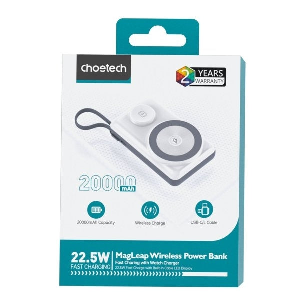 CHOETECH B696-WH 20000mAh 22.5W USB-A + USB-C x 2 + MagLeap Wireless Charge Power Bank White 6