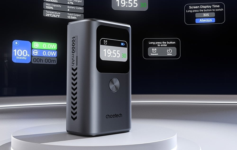 CHOETECH B701-GY 10000mAh PD30W USB-A + USB-C x 2, 3-Port & TFT Display Power Bank 8