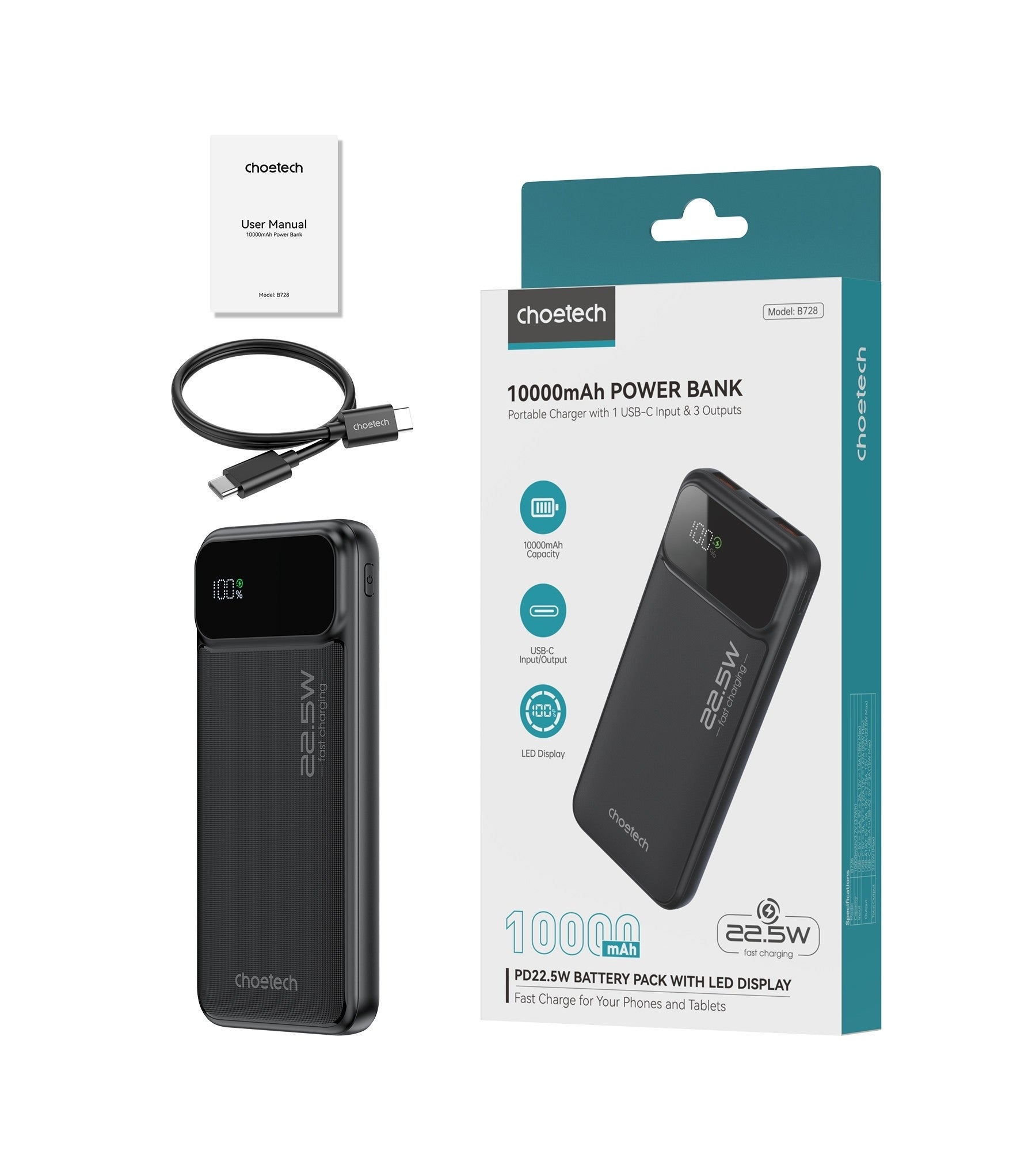 CHOETECH B728 10000mAh Power Bank PD22.5W with Digital Display 11
