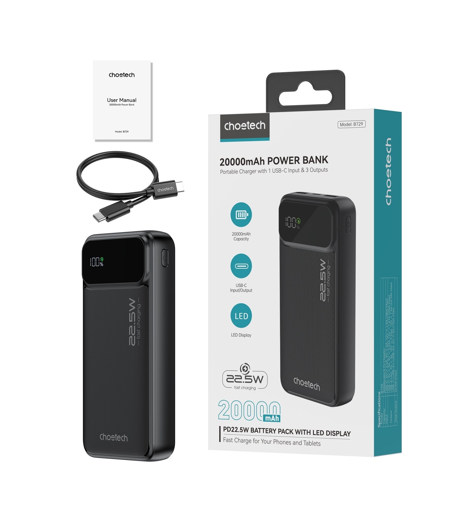 CHOETECH B729 20000mAh Power Bank PD22.5W with Digital Display 11