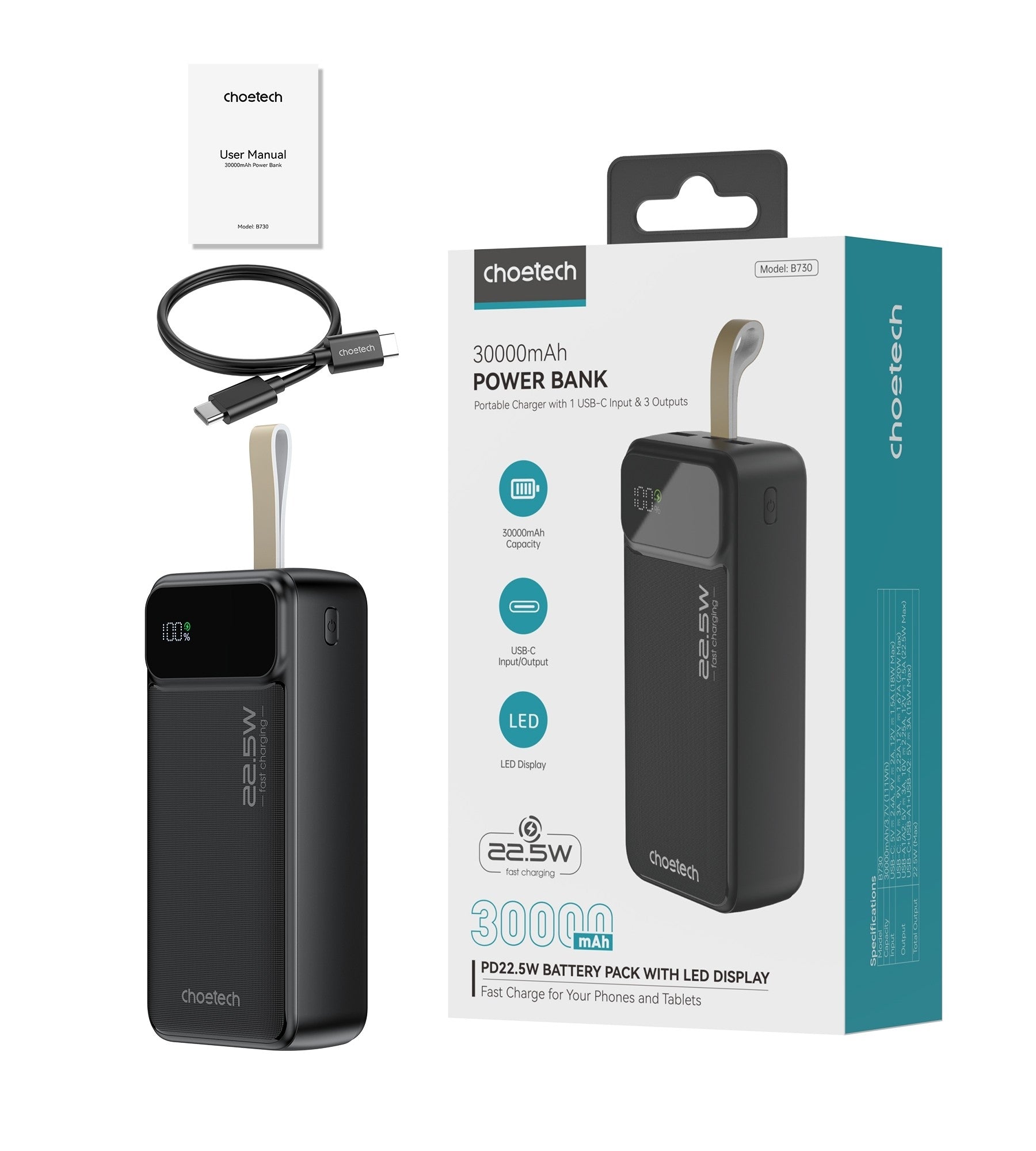 CHOETECH B730 30000mAh Power Bank PD22.5W with Digital Display 11