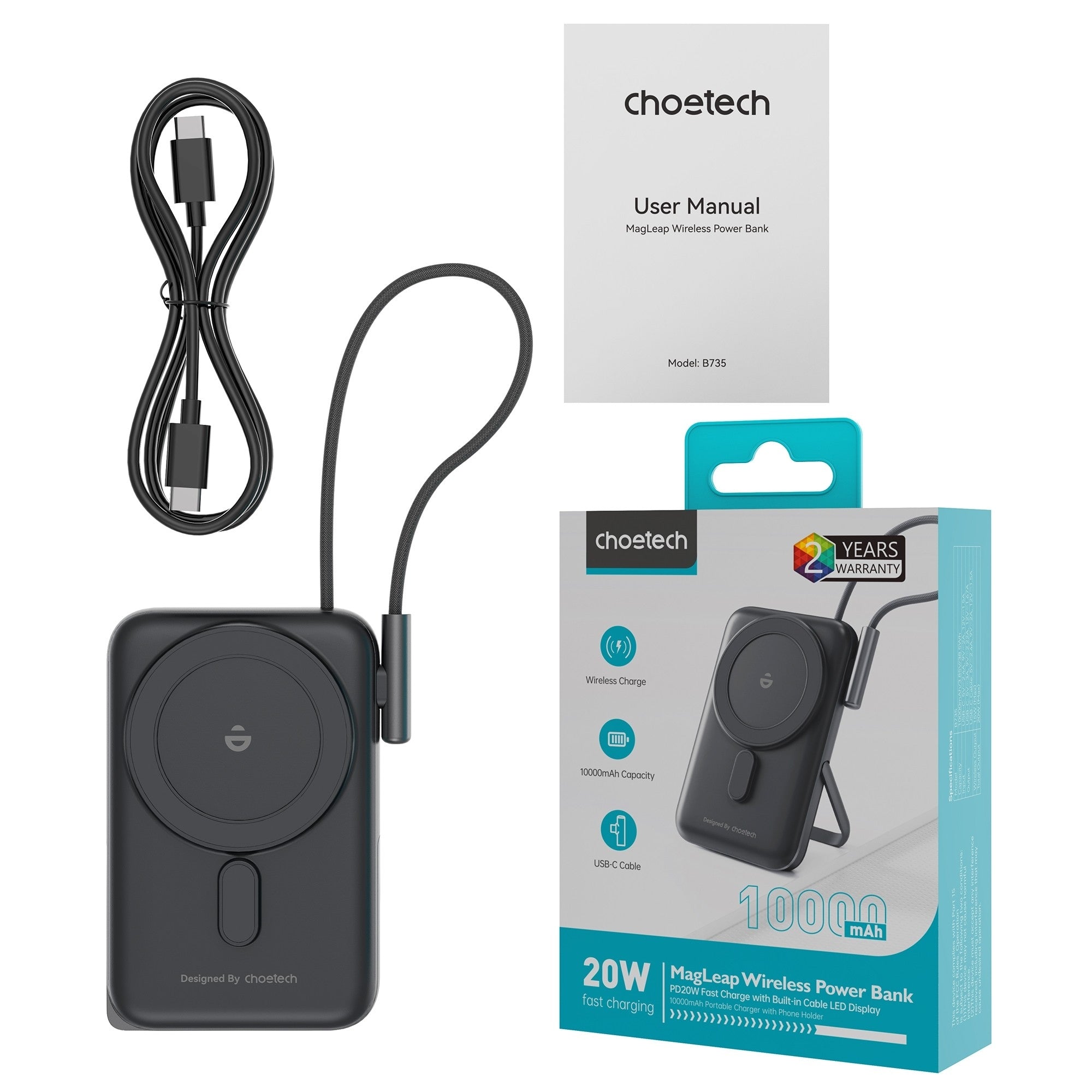 CHOETECH B735-BK 10000mAh 20W MagLeap Wireless Power Bank Black with Phone Holder and Build-in Cable 4