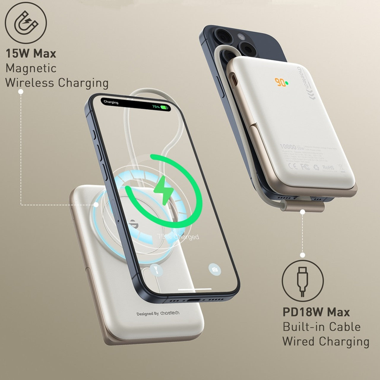 CHOETECH B735-WH 10000mAh 20W MagLeap Wireless Power Bank White with Phone Holder and Build-in Cable 3