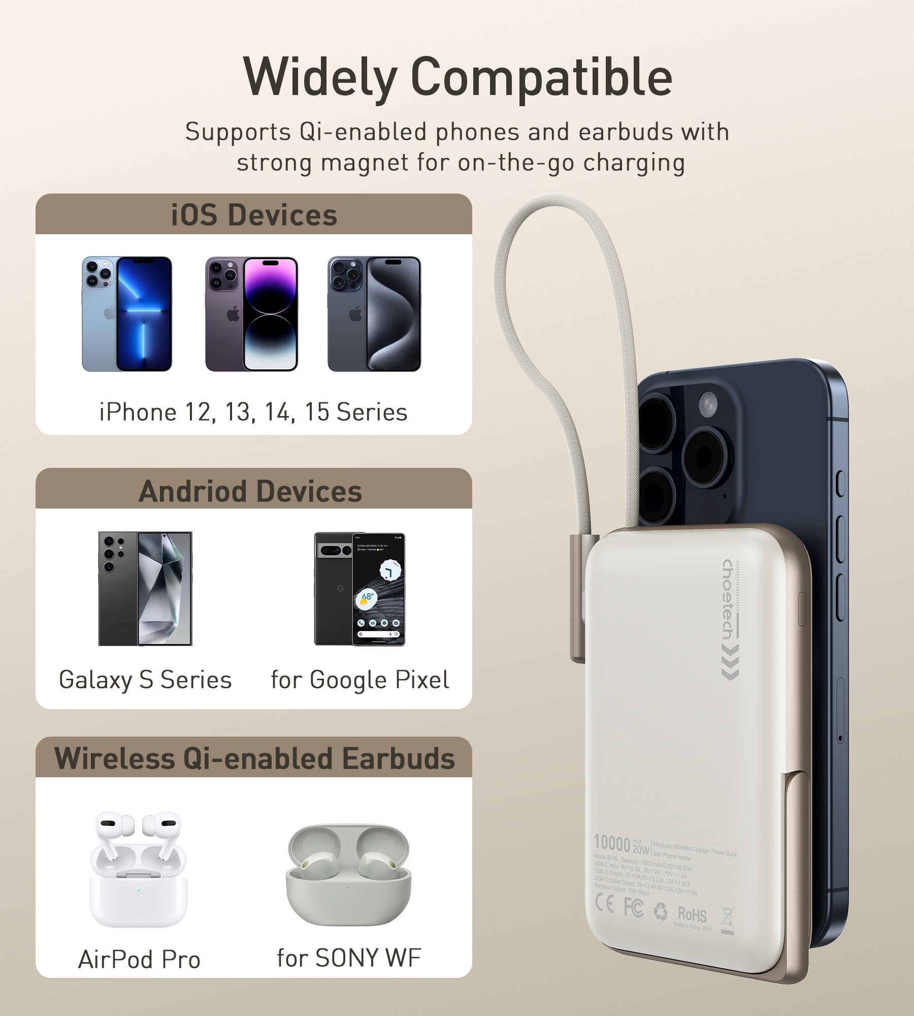 CHOETECH B735-WH 10000mAh 20W MagLeap Wireless Power Bank White with Phone Holder and Build-in Cable 4