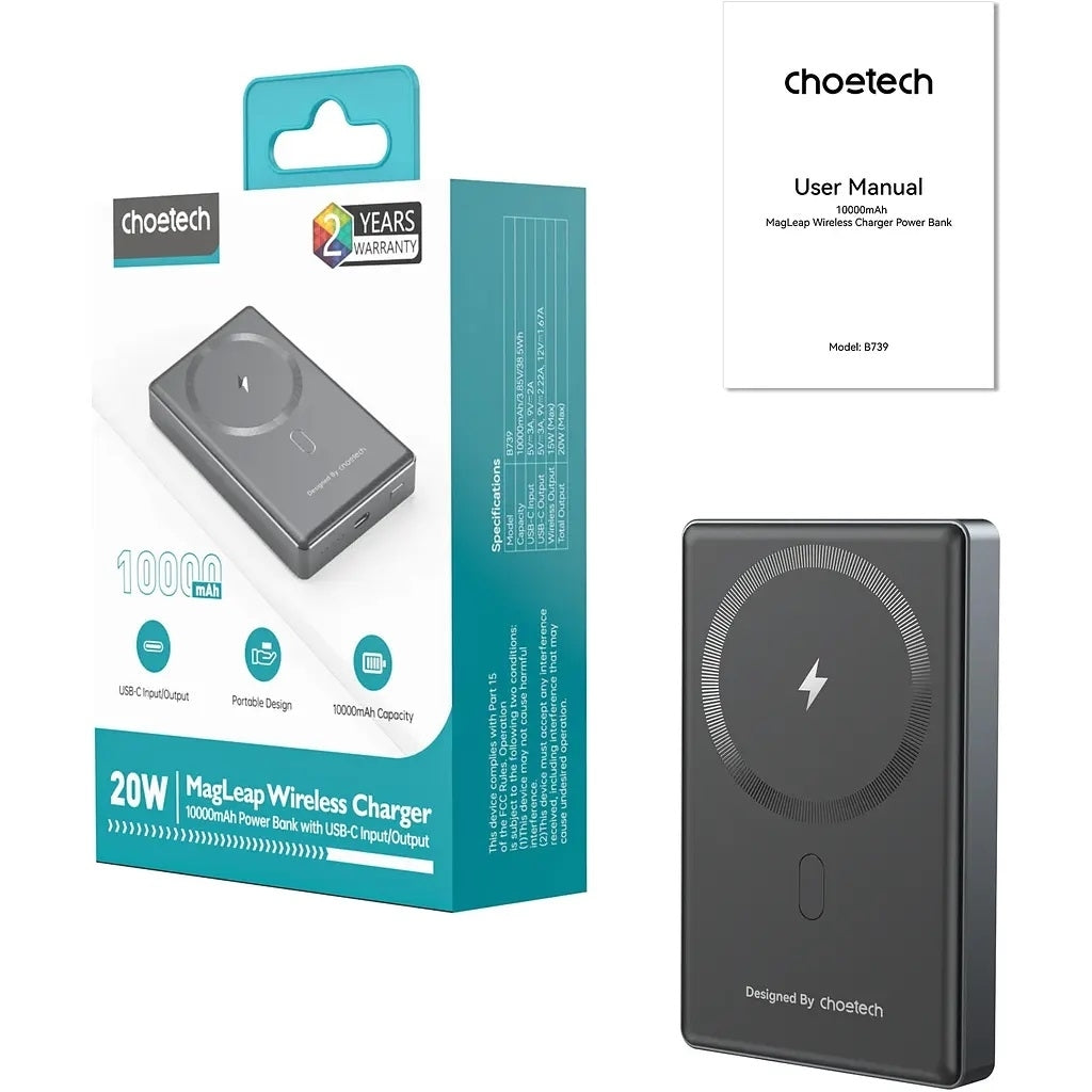 CHOETECH B739-BK 20W Slim USB-C 10000mAh Magnetic Power Bank - Black 7