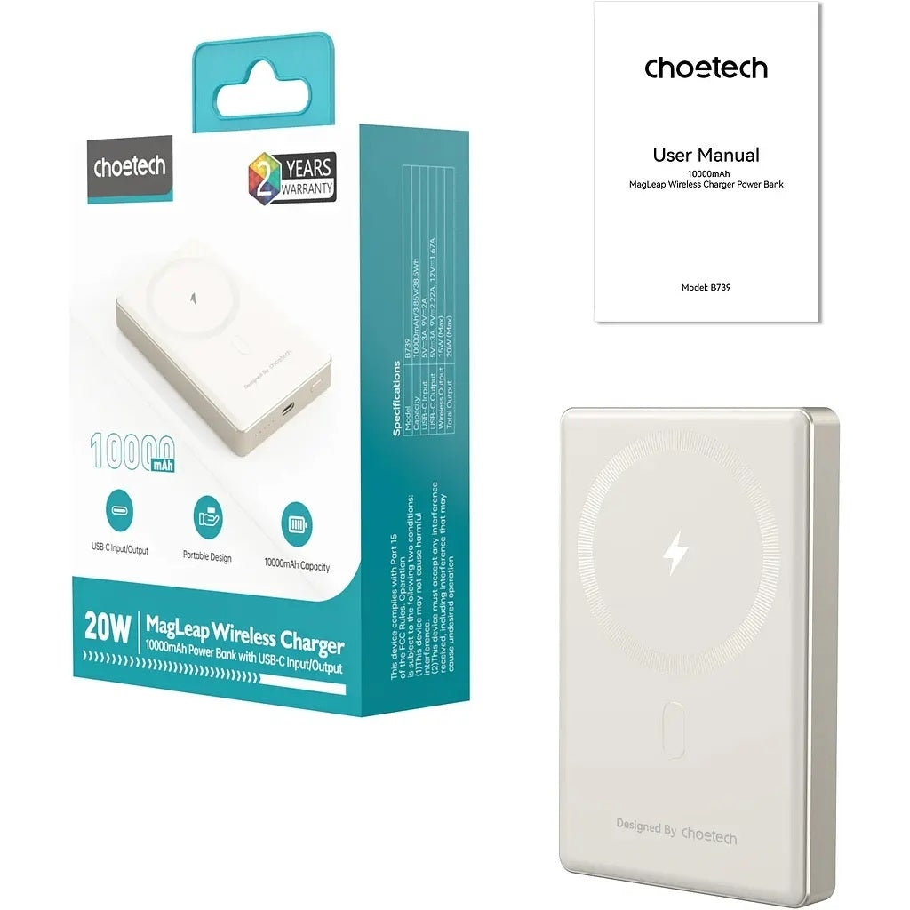 CHOETECH B739-WH 20W Slim USB-C 10000mAh Magnetic Power Bank - White 6