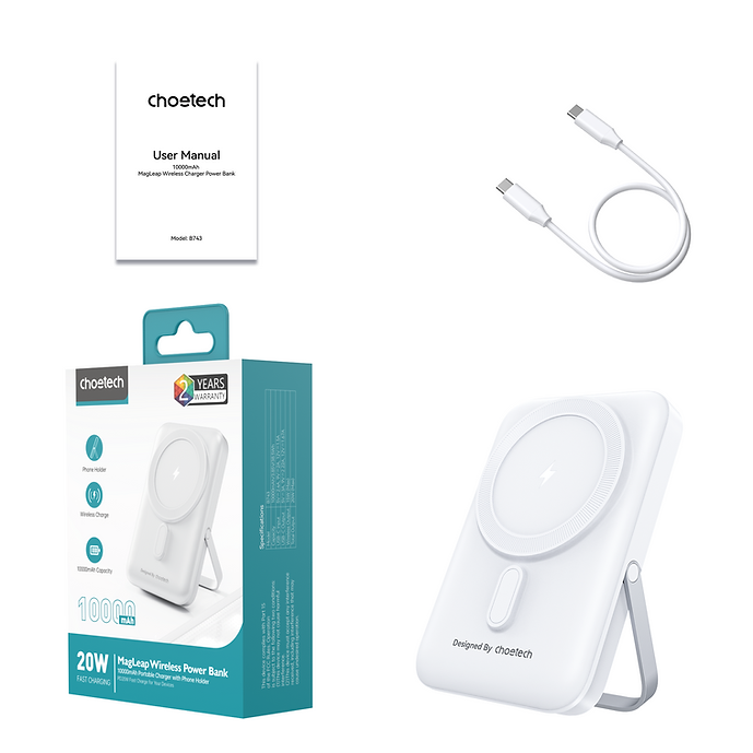 CHOETECH B743-WH 10000mAh PD20W Magnetic Power Bank with Holder White 11