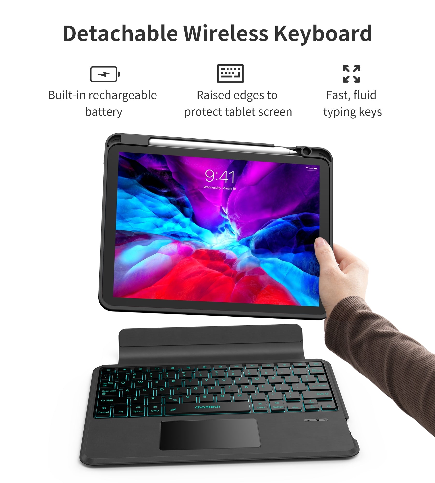 CHOETECH BH-018 Wireless Keyboard with Touchpad and Backlight for iPad Pro 11 &quot; (Black) 3