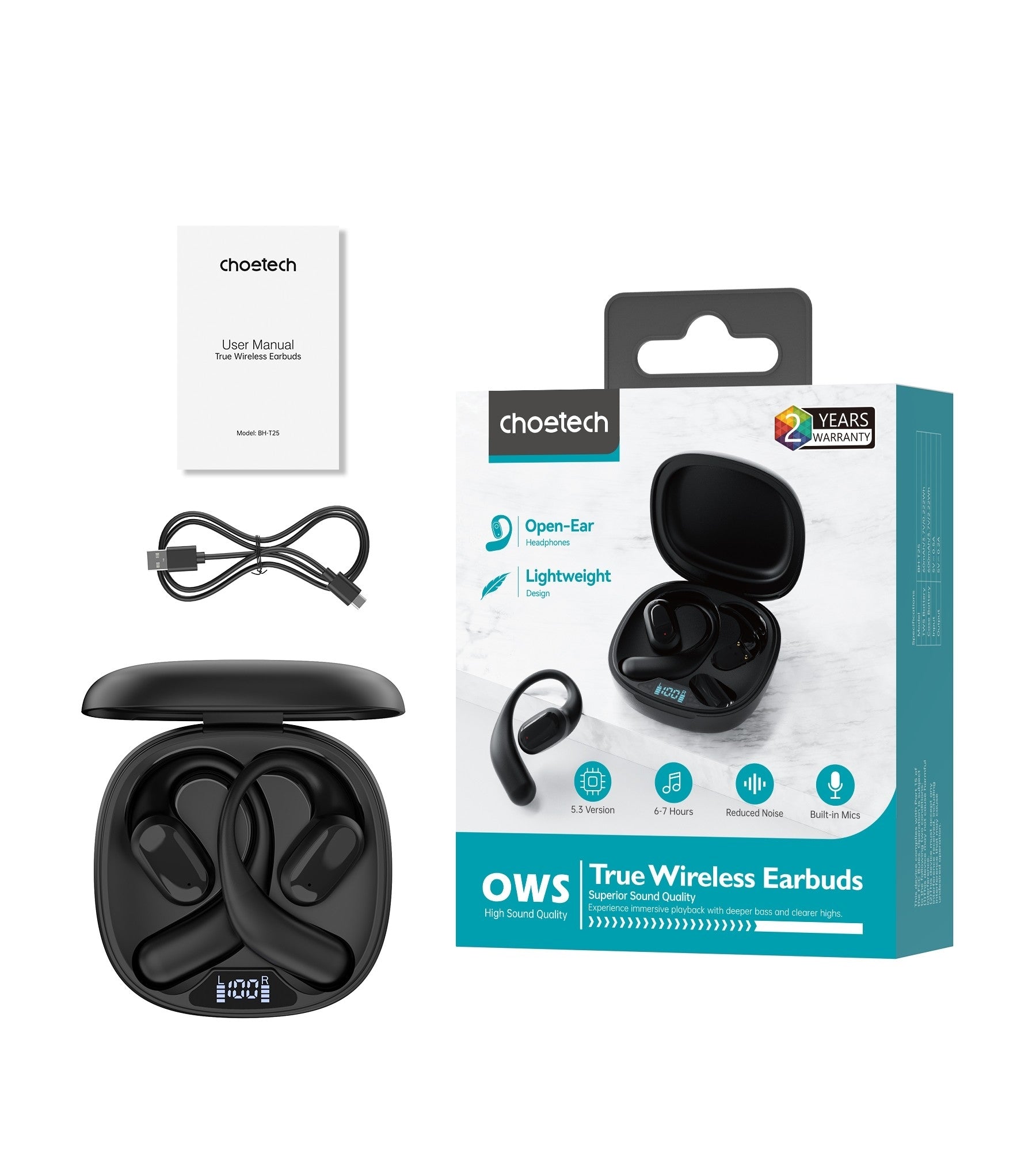 CHOETECH BH-T25 OWS Painless New Concept Bluetooth Earbuds V5.3 TWS Black 3