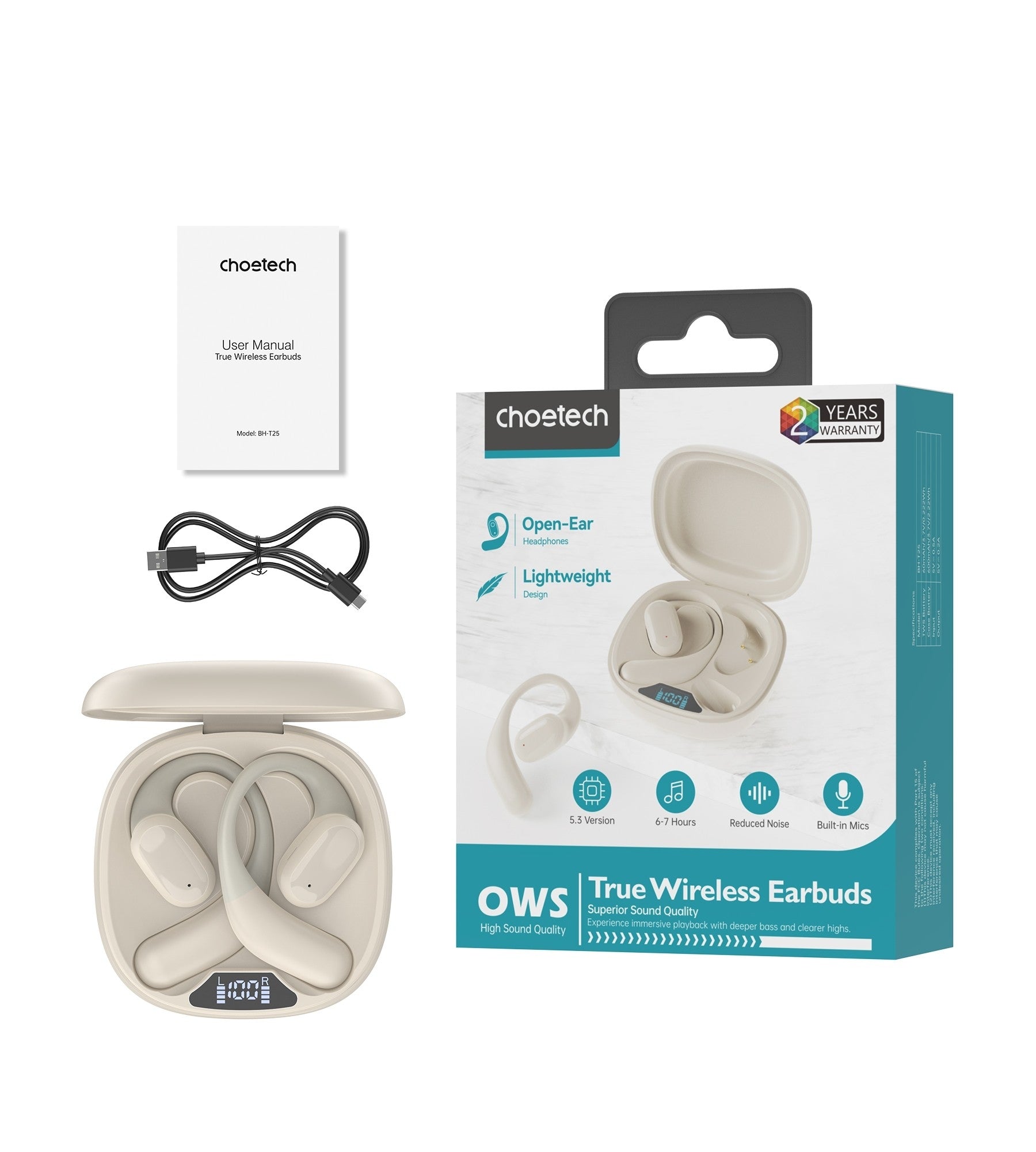 CHOETECH BH-T25 OWS Painless New Concept Bluetooth Earbuds V5.3 TWS White 3