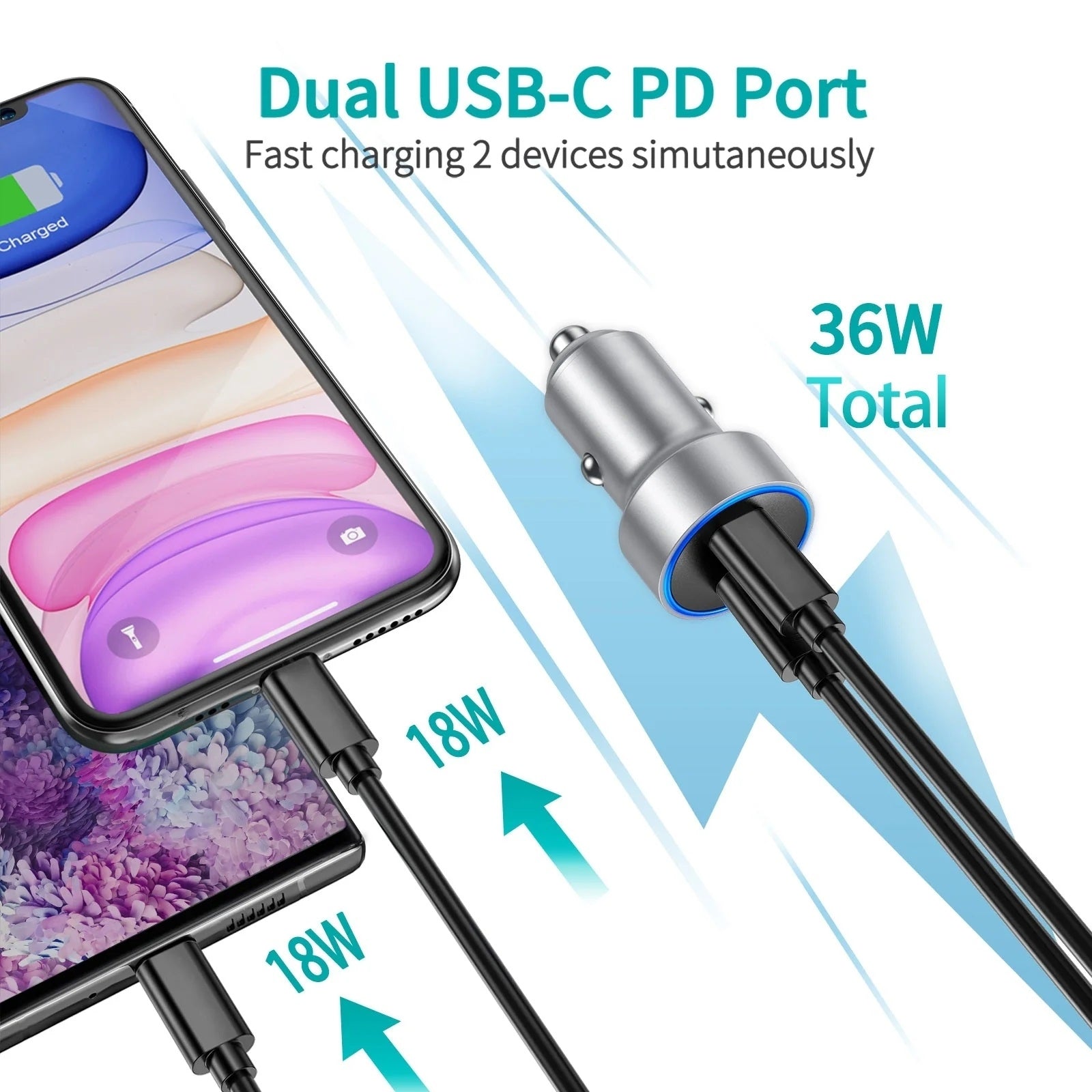 CHOETECH C0054-SL Dual Port PD 40W USB-C Car Charger Adapter Silver 4