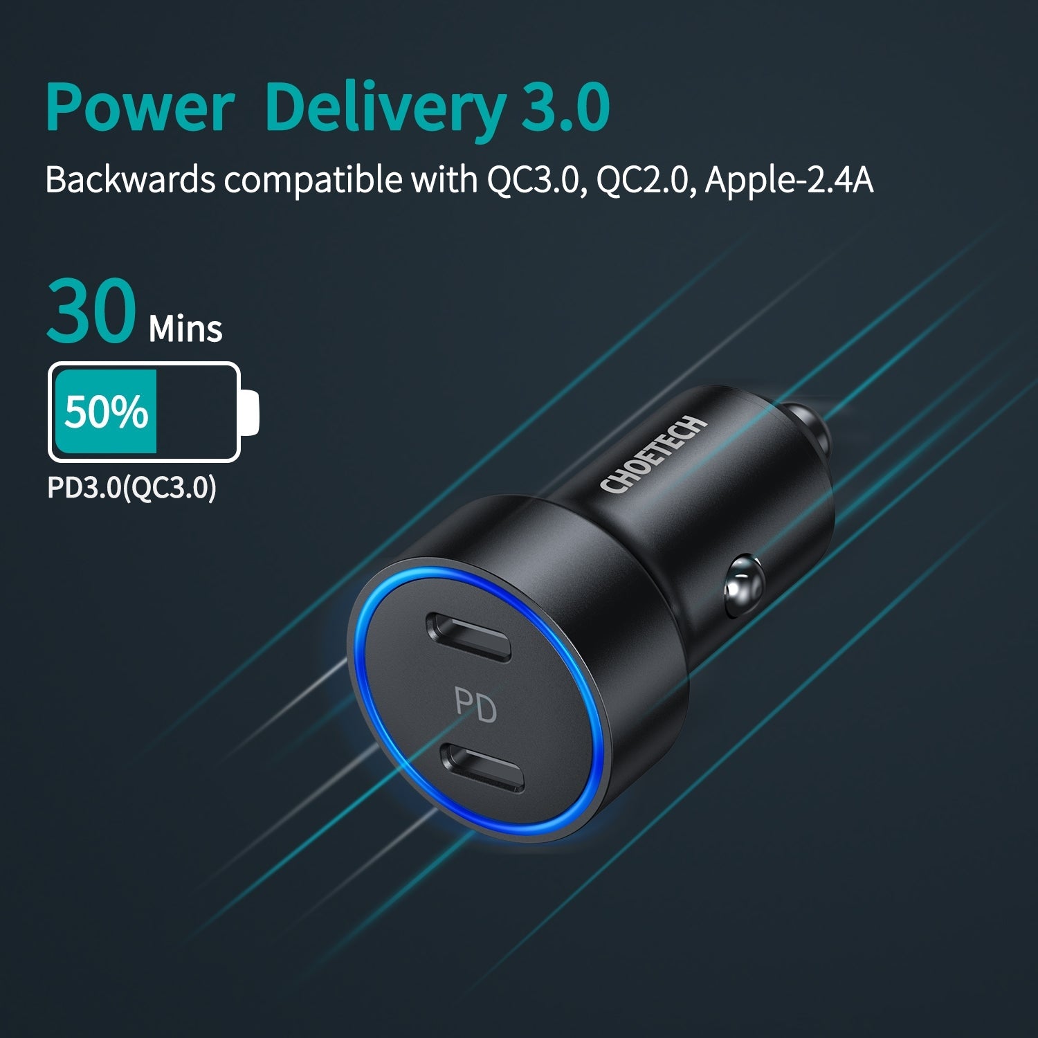 CHOETECH C0054 2-Port 40W USB-C Car Charger Adapter 3