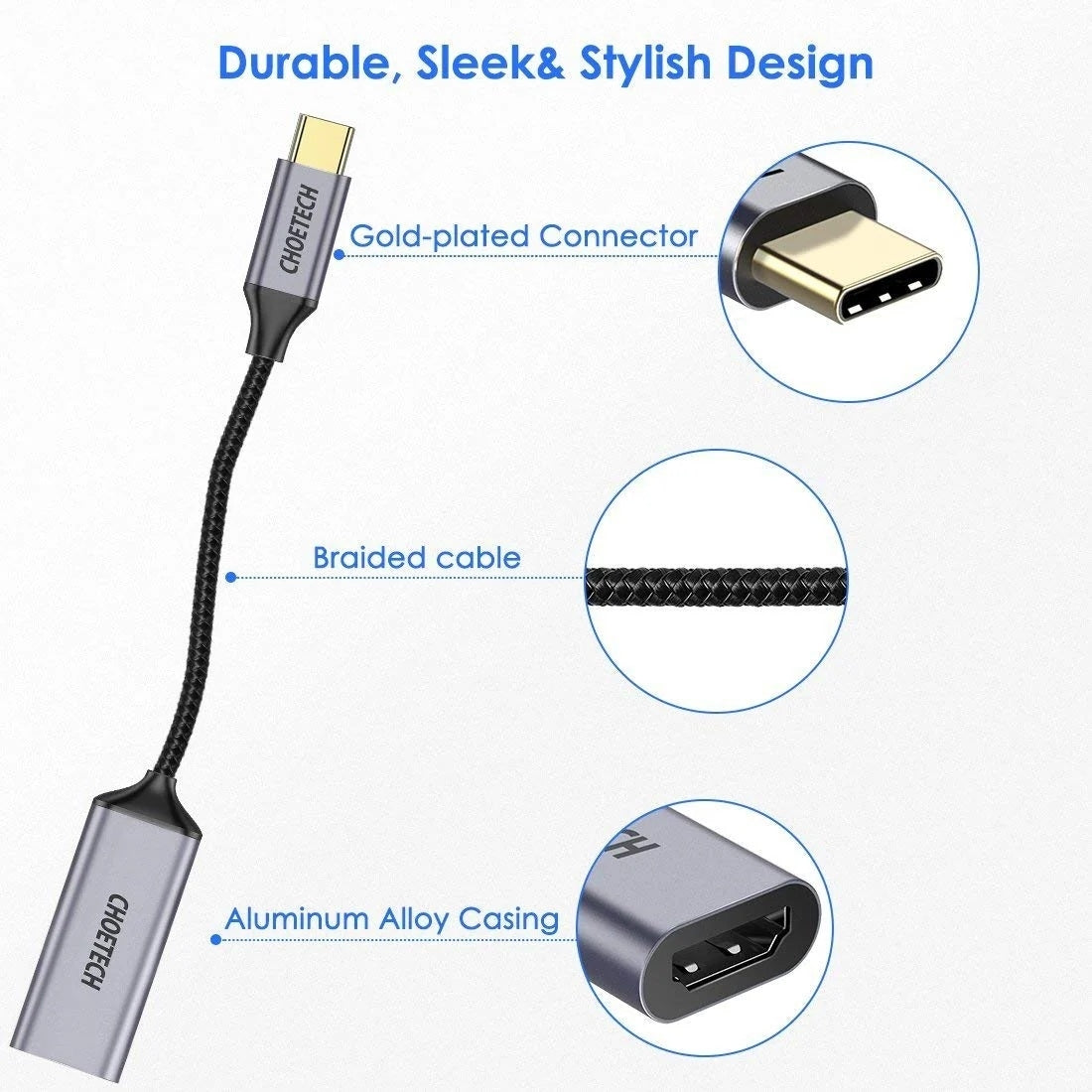 CHOETECH HUB-H21 USB-C to HDMI 4k 60Hz Braided Video Cable Cord Adapter 4