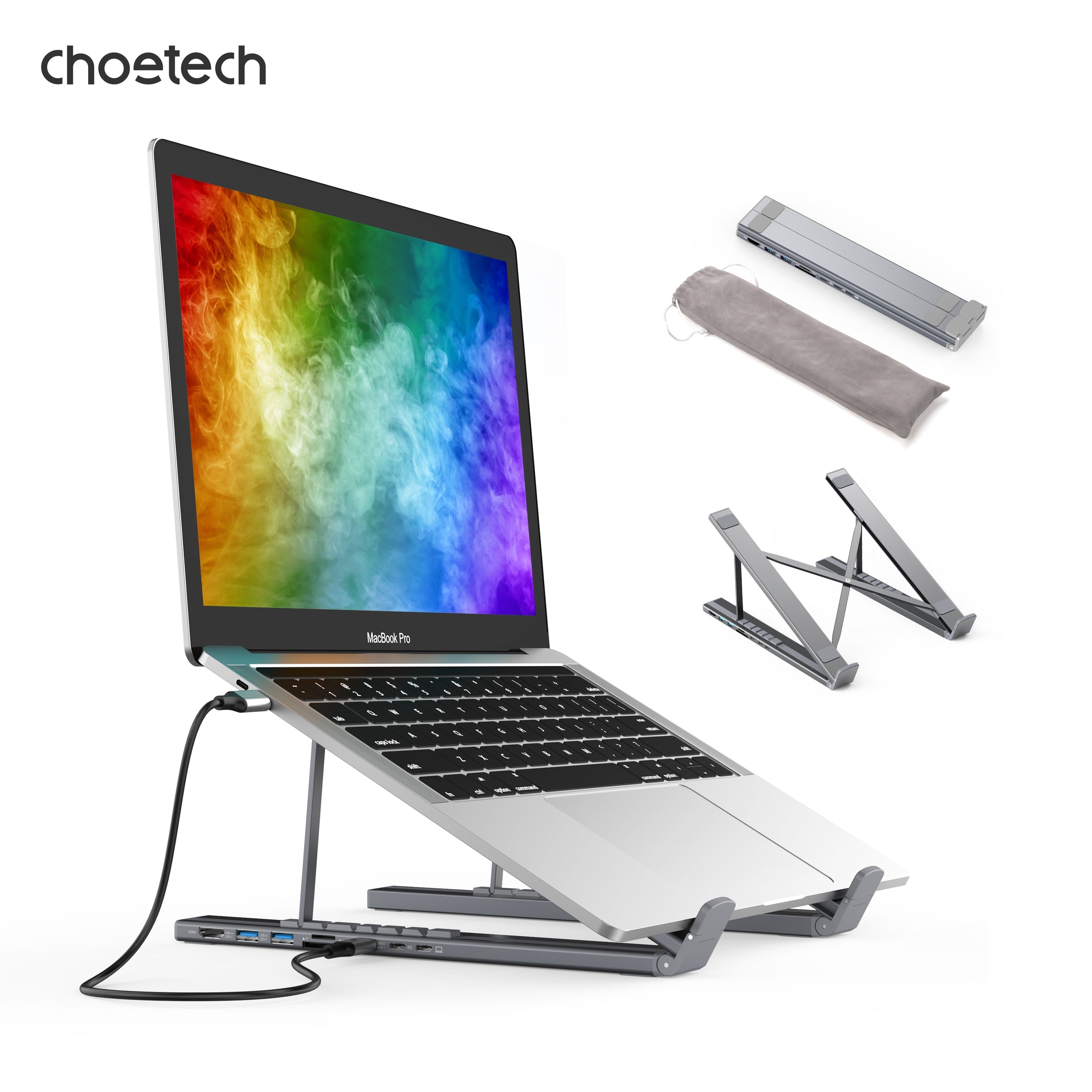CHOETECH HUB-M48 7-in-1 Hub + Foldable Laptop stand USB-C to HDMI 4K/USB-A/TF&SD/USB-C with PD Charging 3