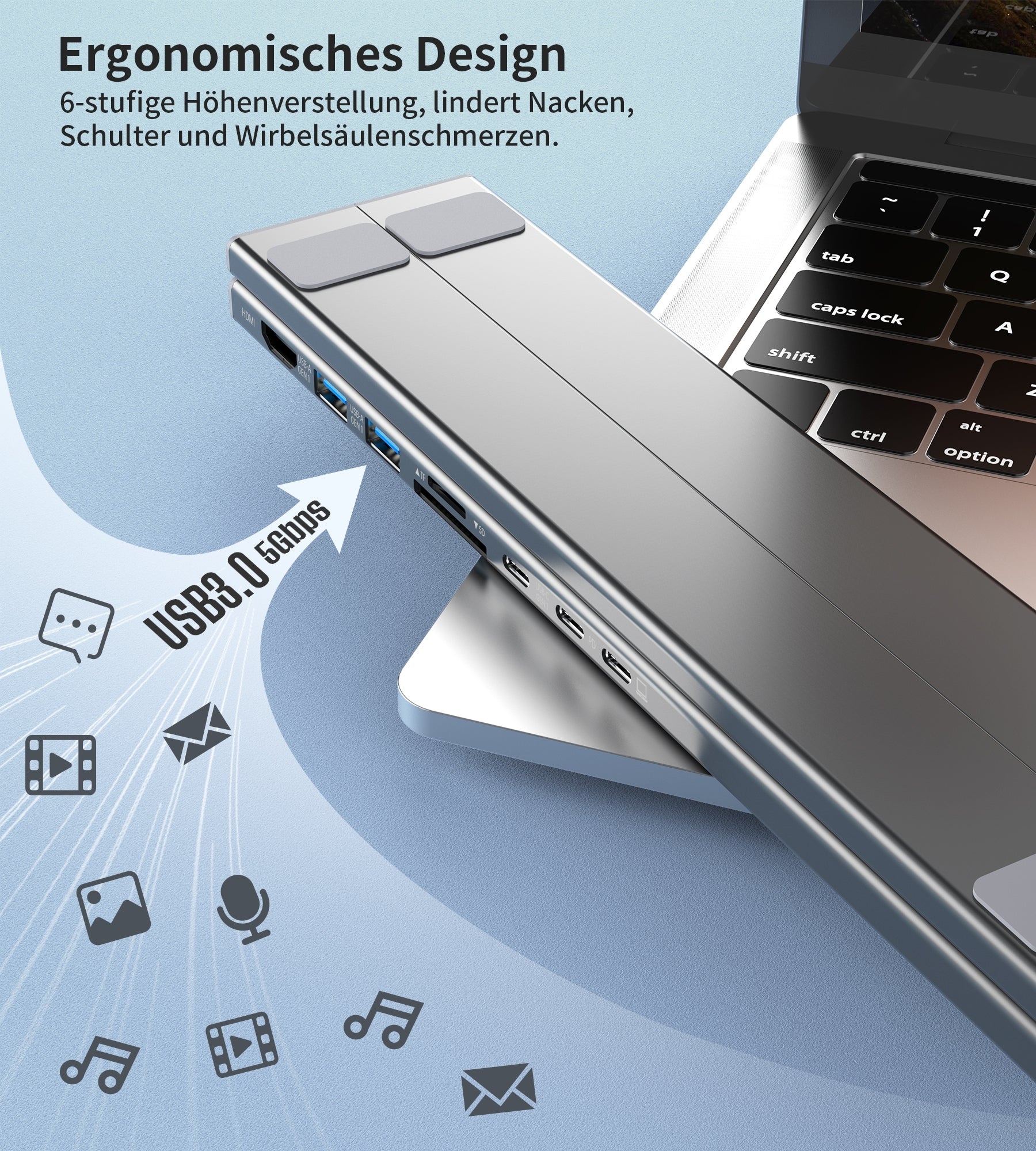 CHOETECH HUB-M48 7-in-1 Hub + Foldable Laptop stand USB-C to HDMI 4K/USB-A/TF&SD/USB-C with PD Charging 5