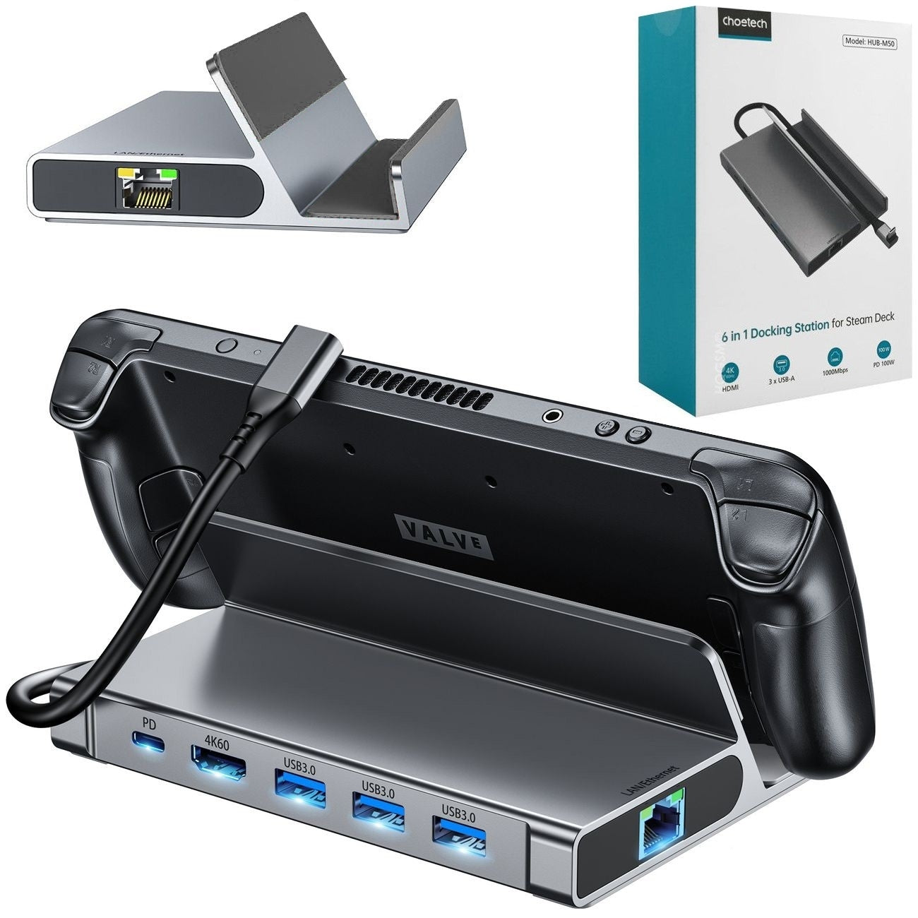 CHOETECH HUB-M50 6-in-1 USB-C 100W Aluminum Steam Deck Docking Station 3