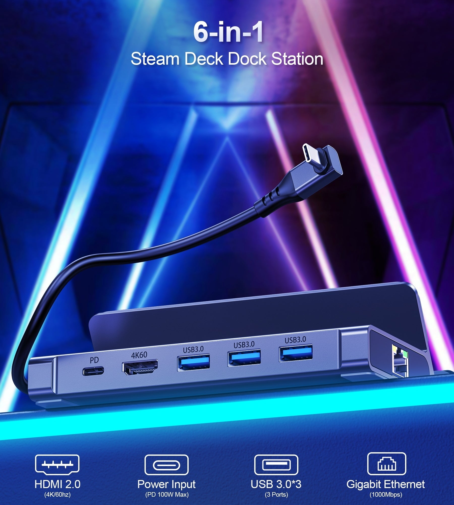 CHOETECH HUB-M50 6-in-1 USB-C 100W Aluminum Steam Deck Docking Station 4
