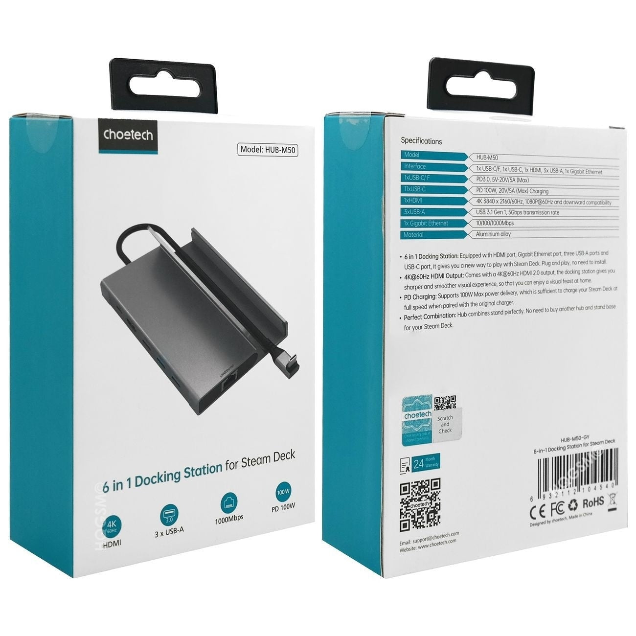 CHOETECH HUB-M50 6-in-1 USB-C 100W Aluminum Steam Deck Docking Station 10
