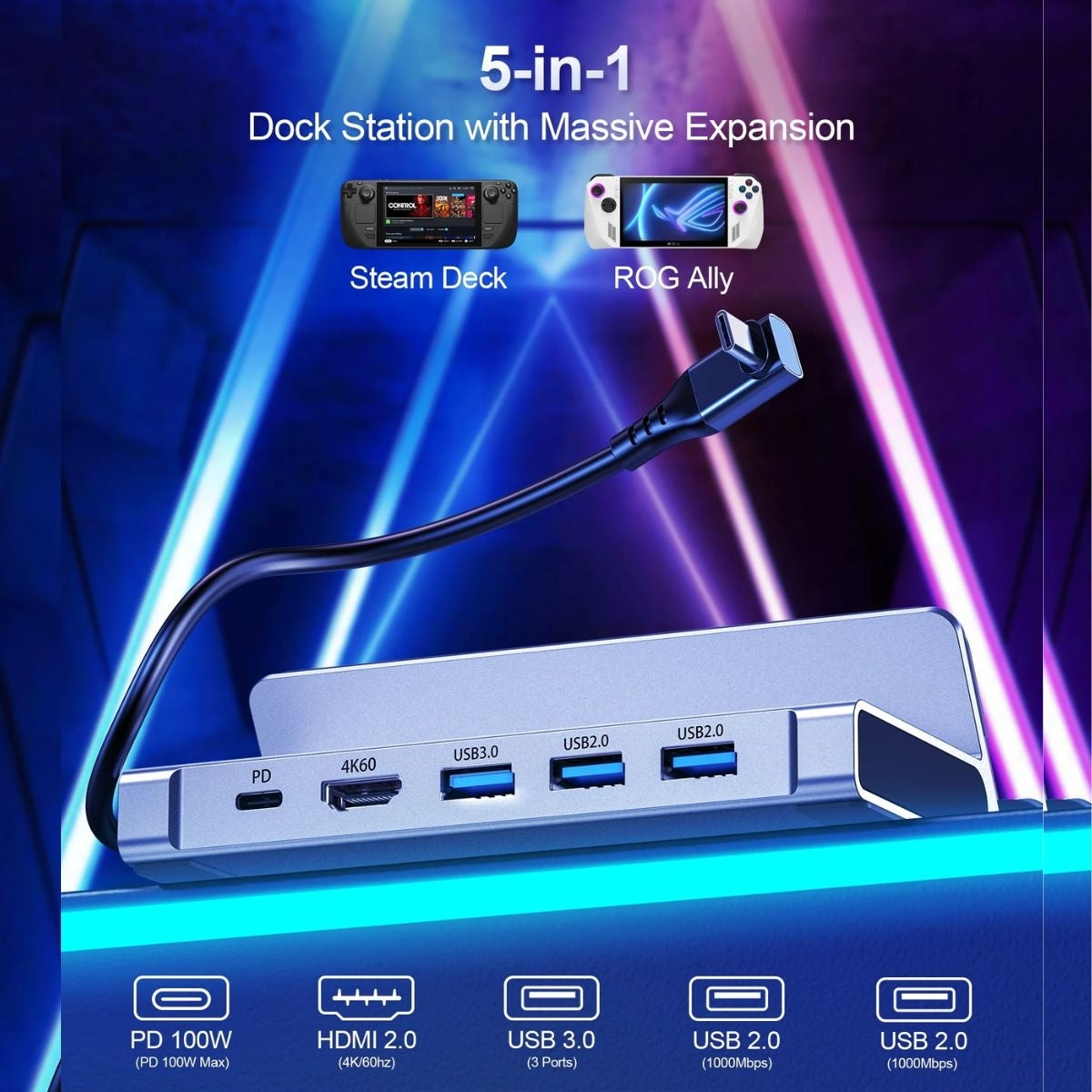 CHOETECH HUB-M77-GY PD100W 5-in-1 USB-C PD+HDMI+USB 3.0A/F+USB2.0 Steam Deck Docking Station 8