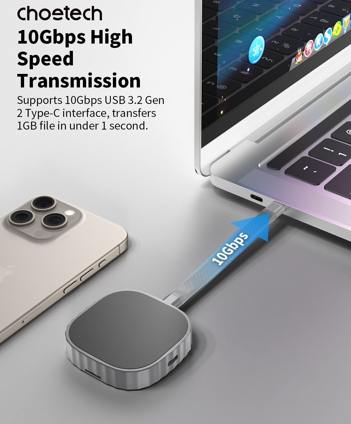 CHOETECH MSE001-GY Dual USB-C Port M.2 NVME 2230 Protocol SSD Enclosure with PD100W input Enclosure (Support 2TB Max) 6