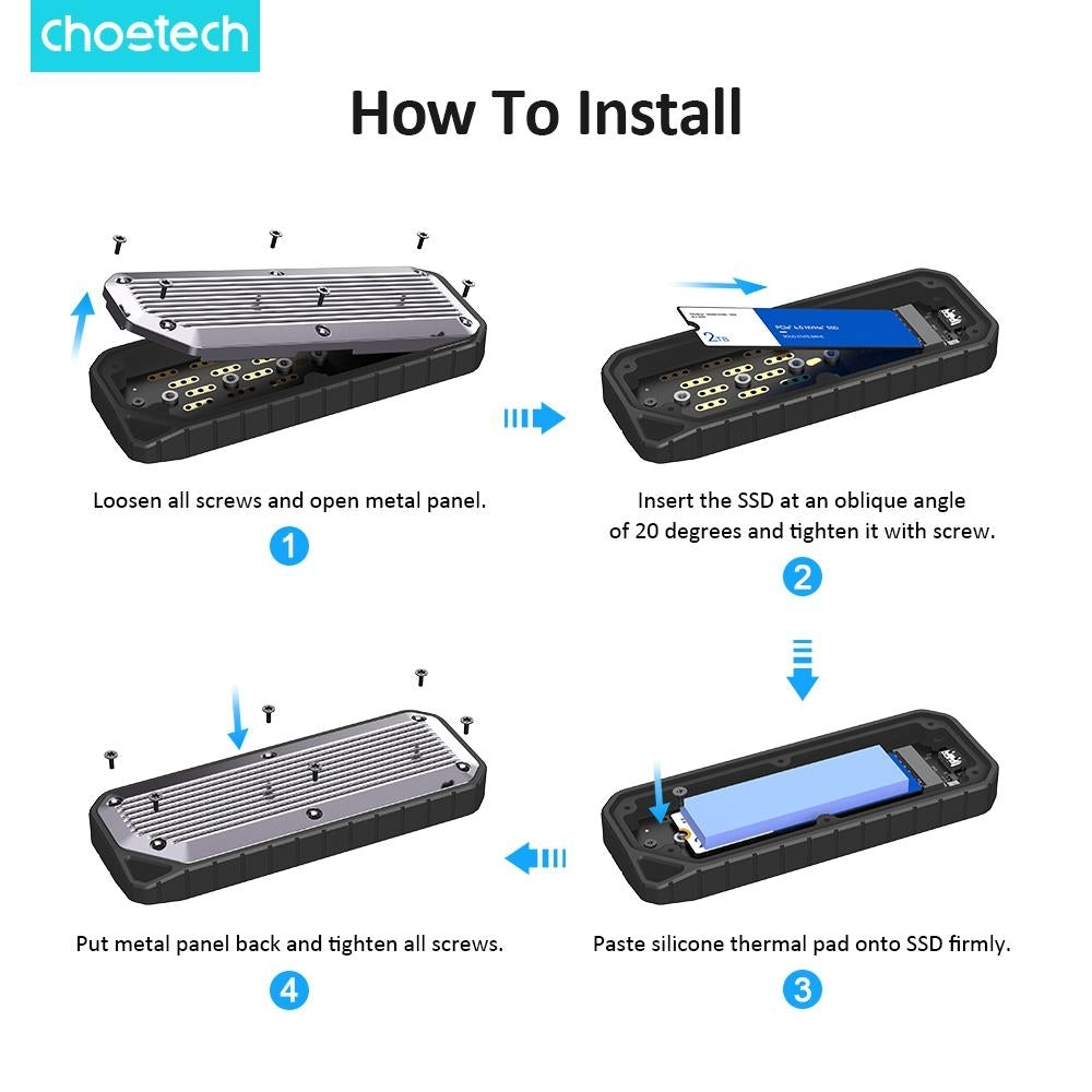 CHOETECH MSE004-GY USB3.2 Chips M.2 NVME / SATA SSD Protocol 10Gbps Transfer Speed Enclosure with IP65 water-Proof and Dust -Proof (Support 8TB Max) 6