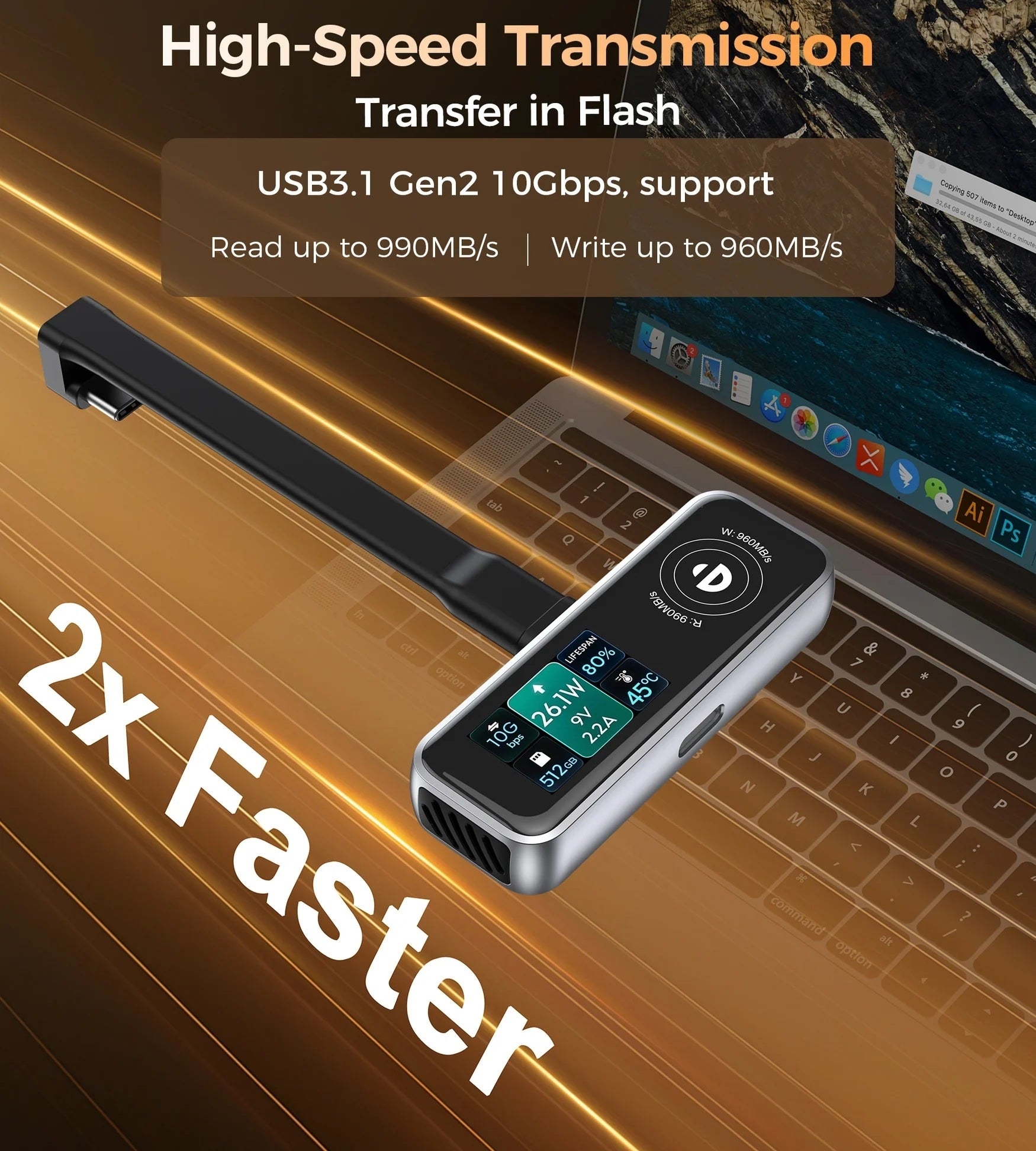 CHOETECH MSE023 Mobile Phone 512GB Portable SSD 10Gbps, Cooling Fan, for Phone Use 5