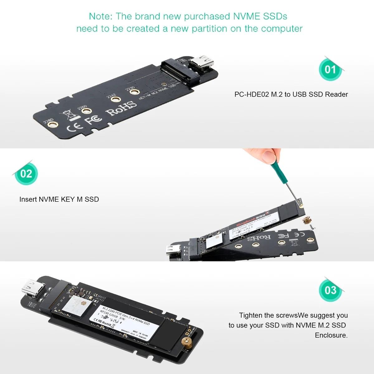 CHOETECH PC-HDE02 M.2 to USB SSD Reader (Enclosure only) Supports M-Key (PCI-E NVMe-based) 4