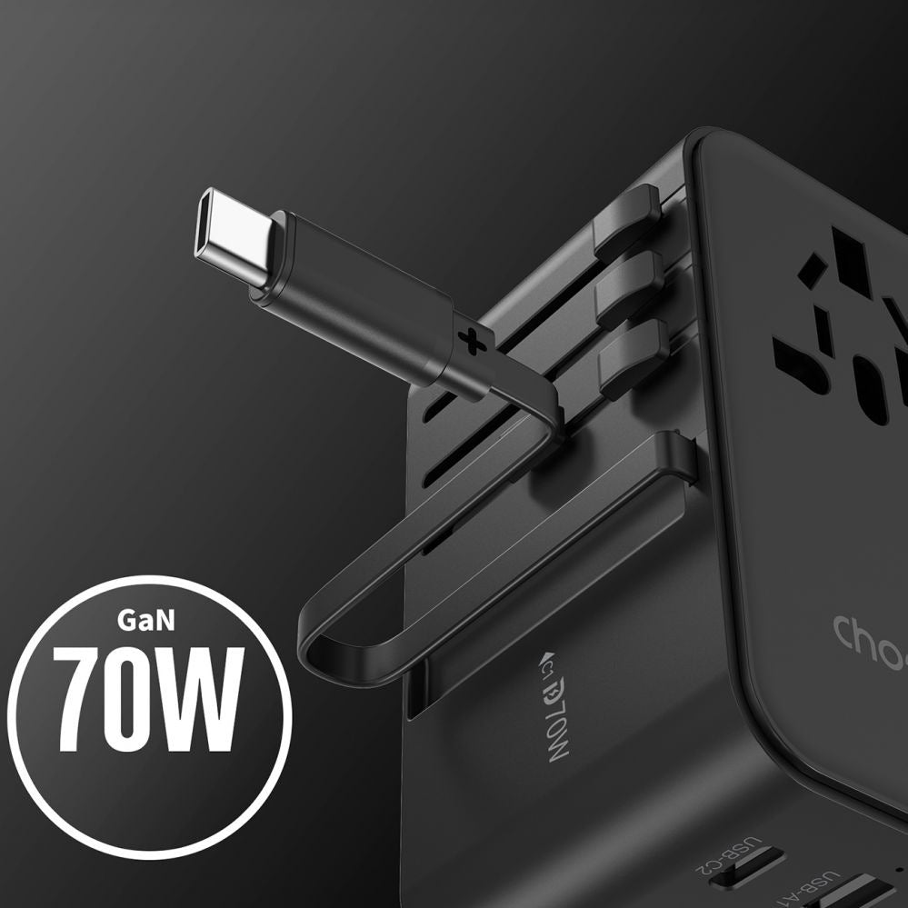 CHOETECH PD5022 70W EU/US/AUS/UK Travel Adapter with Built-in USB-C Cable - Black 3