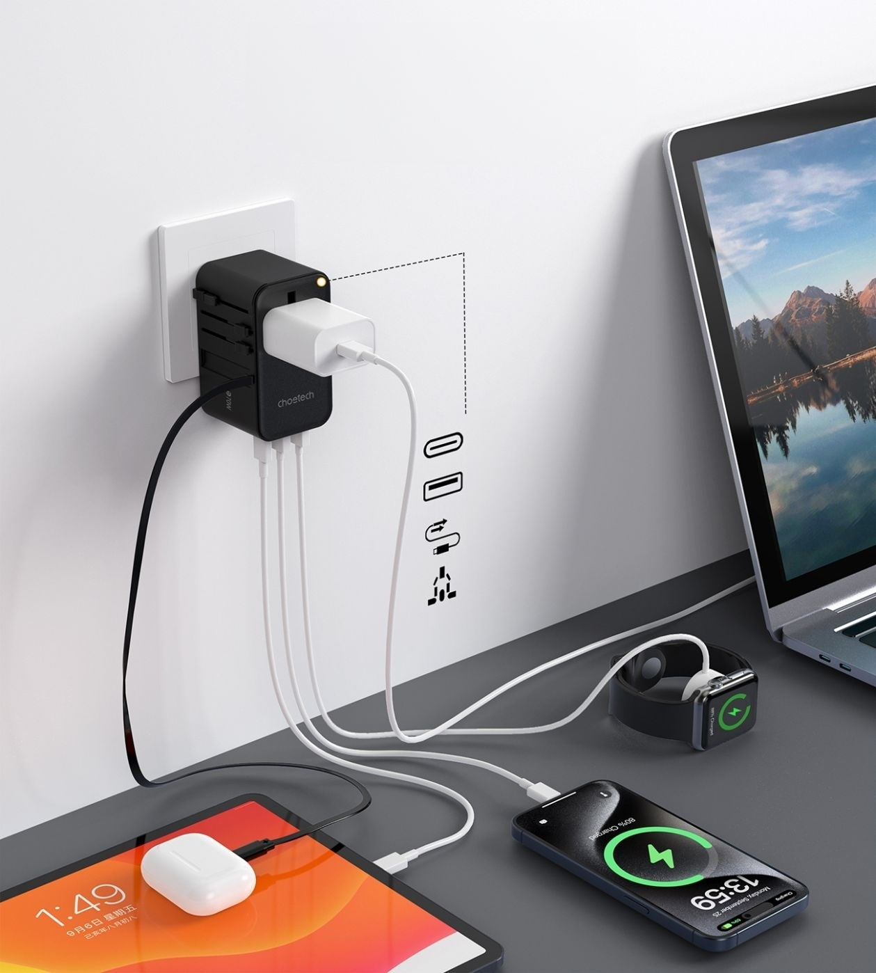 CHOETECH PD5022 70W EU/US/AUS/UK Travel Adapter with Built-in USB-C Cable - Black 4