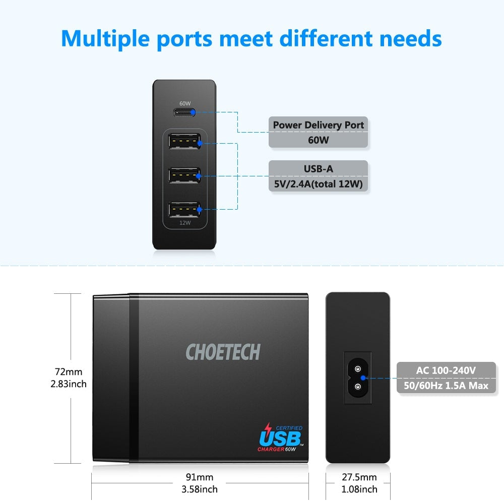 CHOETECH PD72 Power Delivery Charger 3