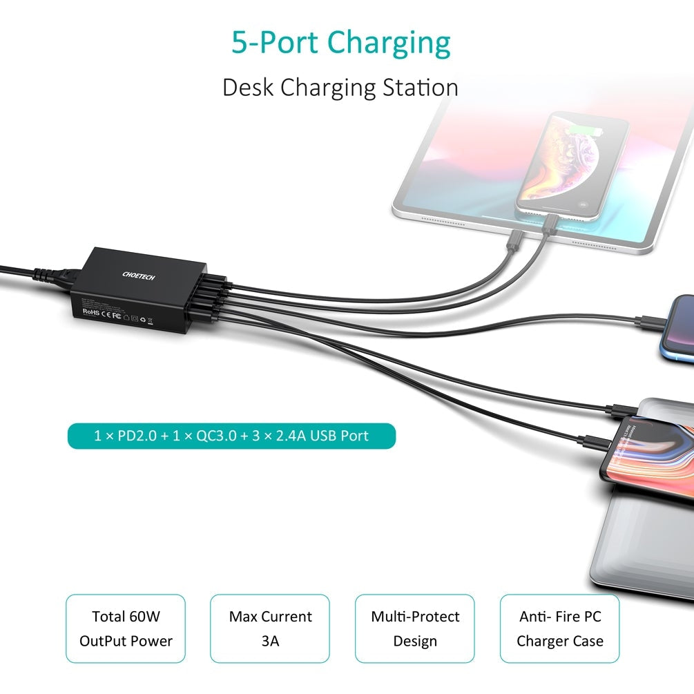 CHOETECH Q34U2Q 5-Port 60W PD Charger with 30W Power Delivery and 18W Quick Charge 3.0 3