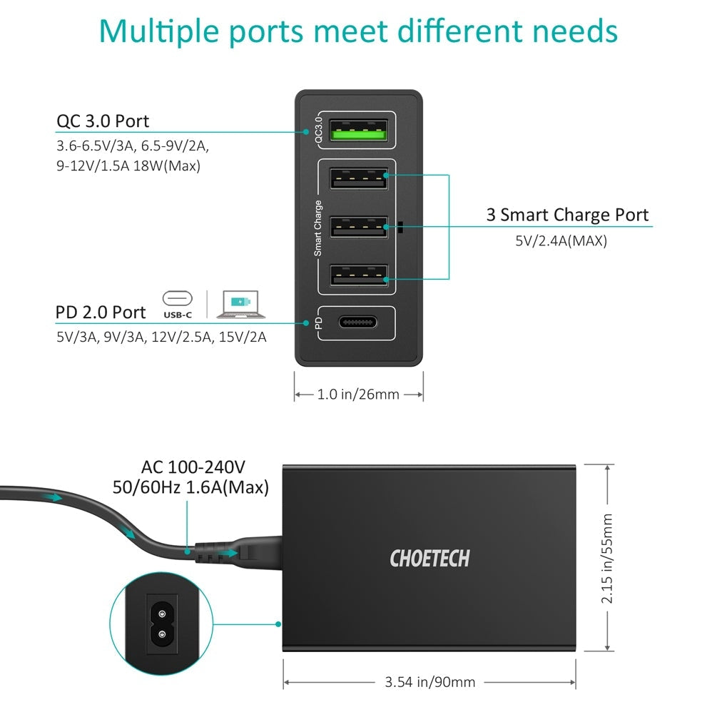 CHOETECH Q34U2Q 5-Port 60W PD Charger with 30W Power Delivery and 18W Quick Charge 3.0 4
