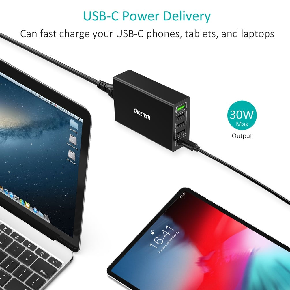 CHOETECH Q34U2Q 5-Port 60W PD Charger with 30W Power Delivery and 18W Quick Charge 3.0 6