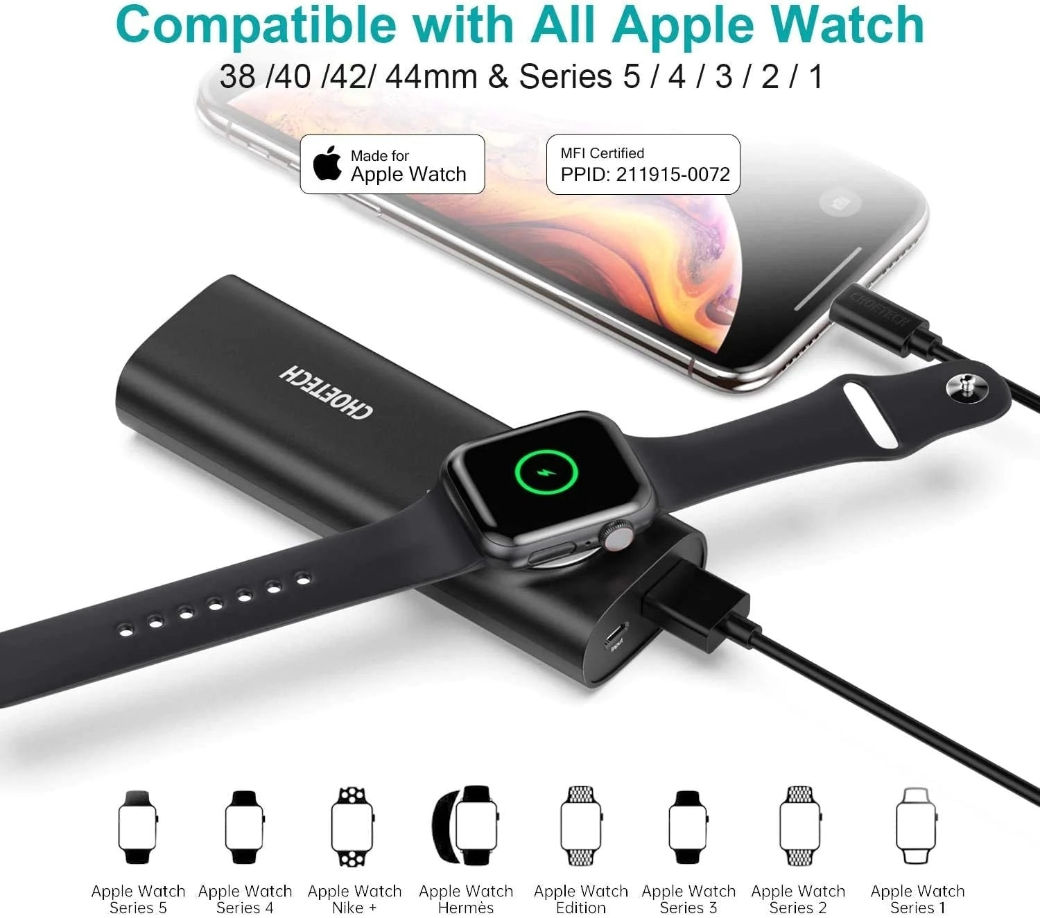 CHOETECH T315 2-in-1 Portable Wireless iWatch Quick Charger 5000mAh Power Bank 3