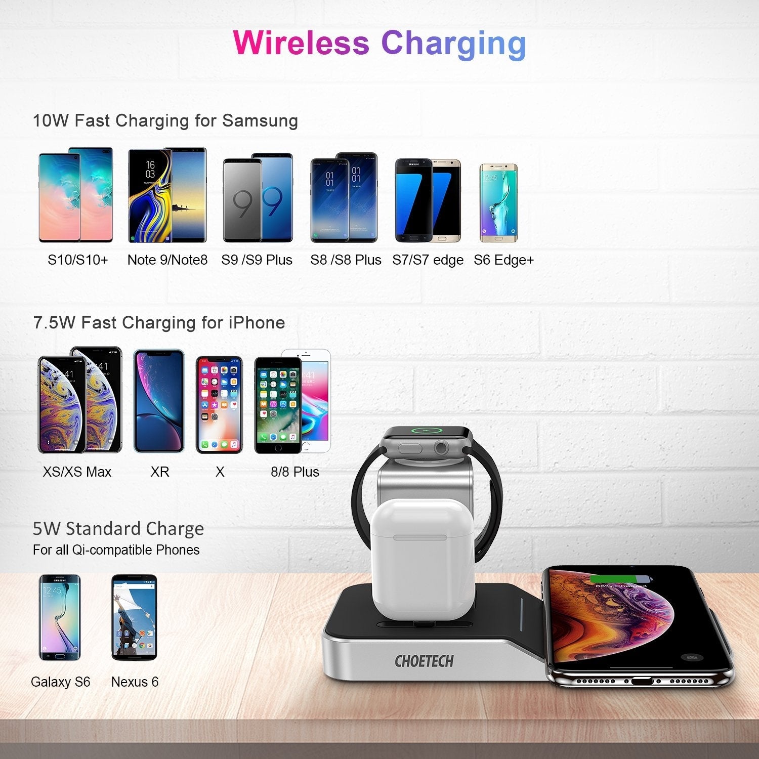 CHOETECH T316 4-in-1 Wireless Charging Station for iPhone/Apple Watch/iPod and all Qi Wireless Cell phones 5