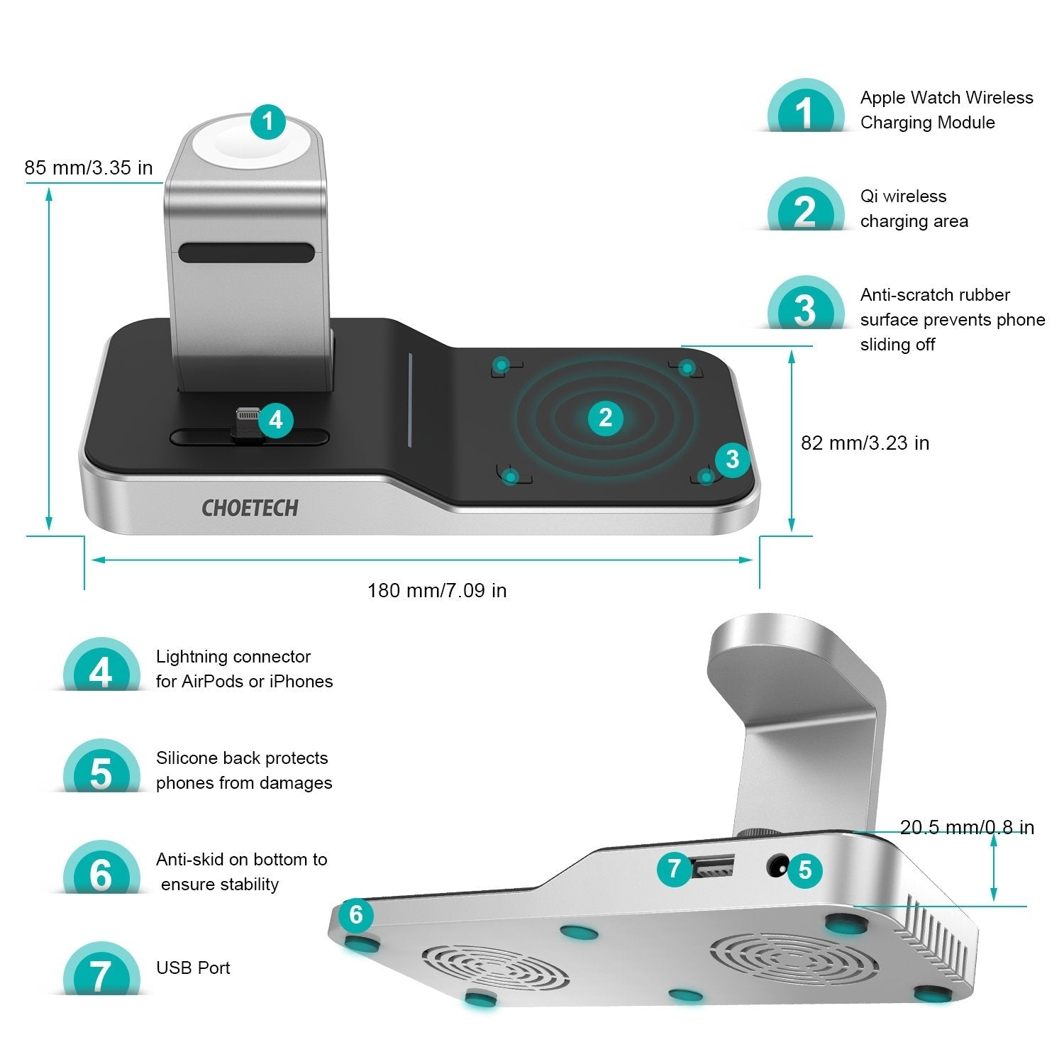 CHOETECH T316 4-in-1 Wireless Charging Station for iPhone/Apple Watch/iPod and all Qi Wireless Cell phones 6